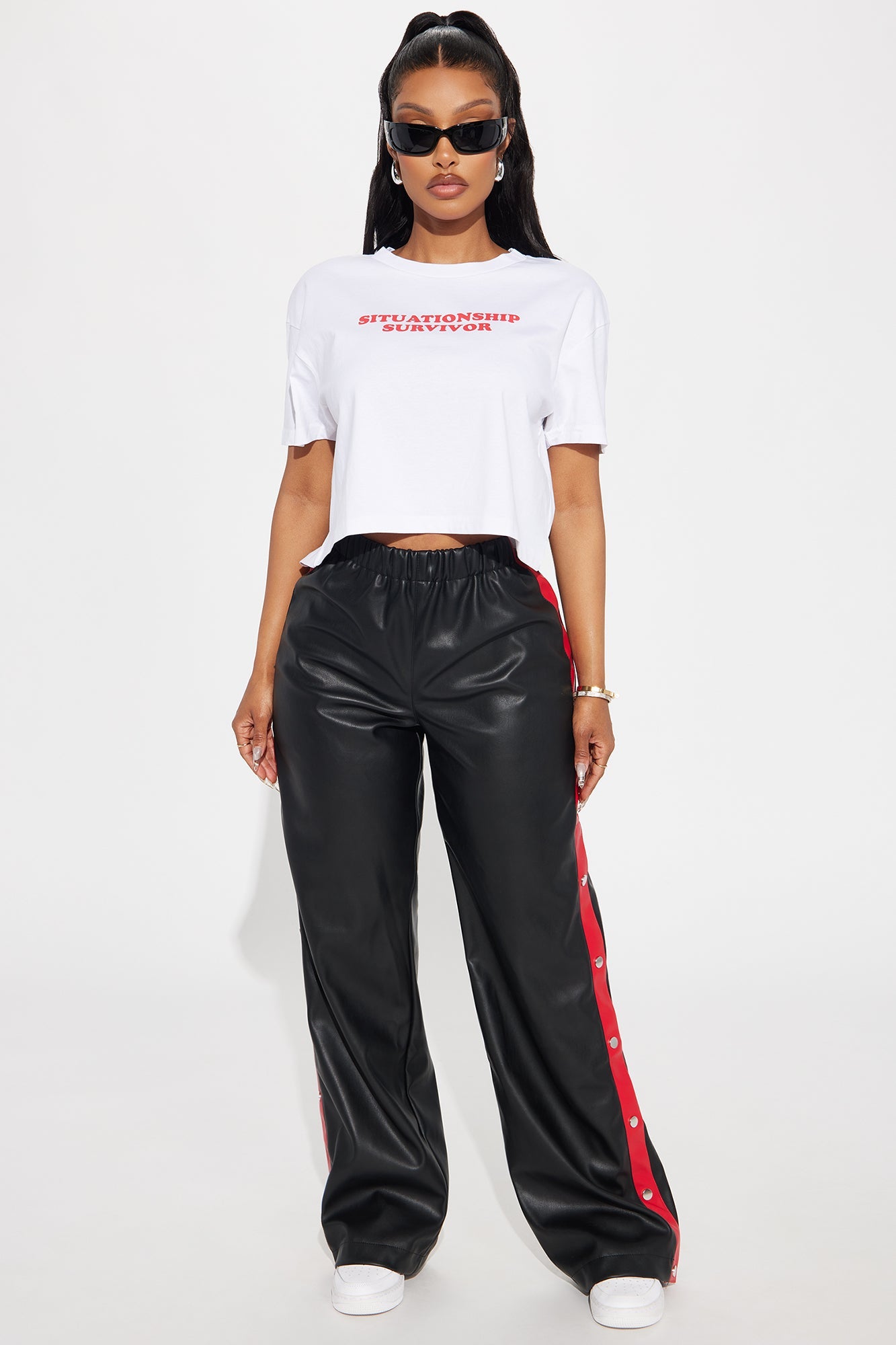 Street Feels Faux Leather Track Pant - Black/Red
