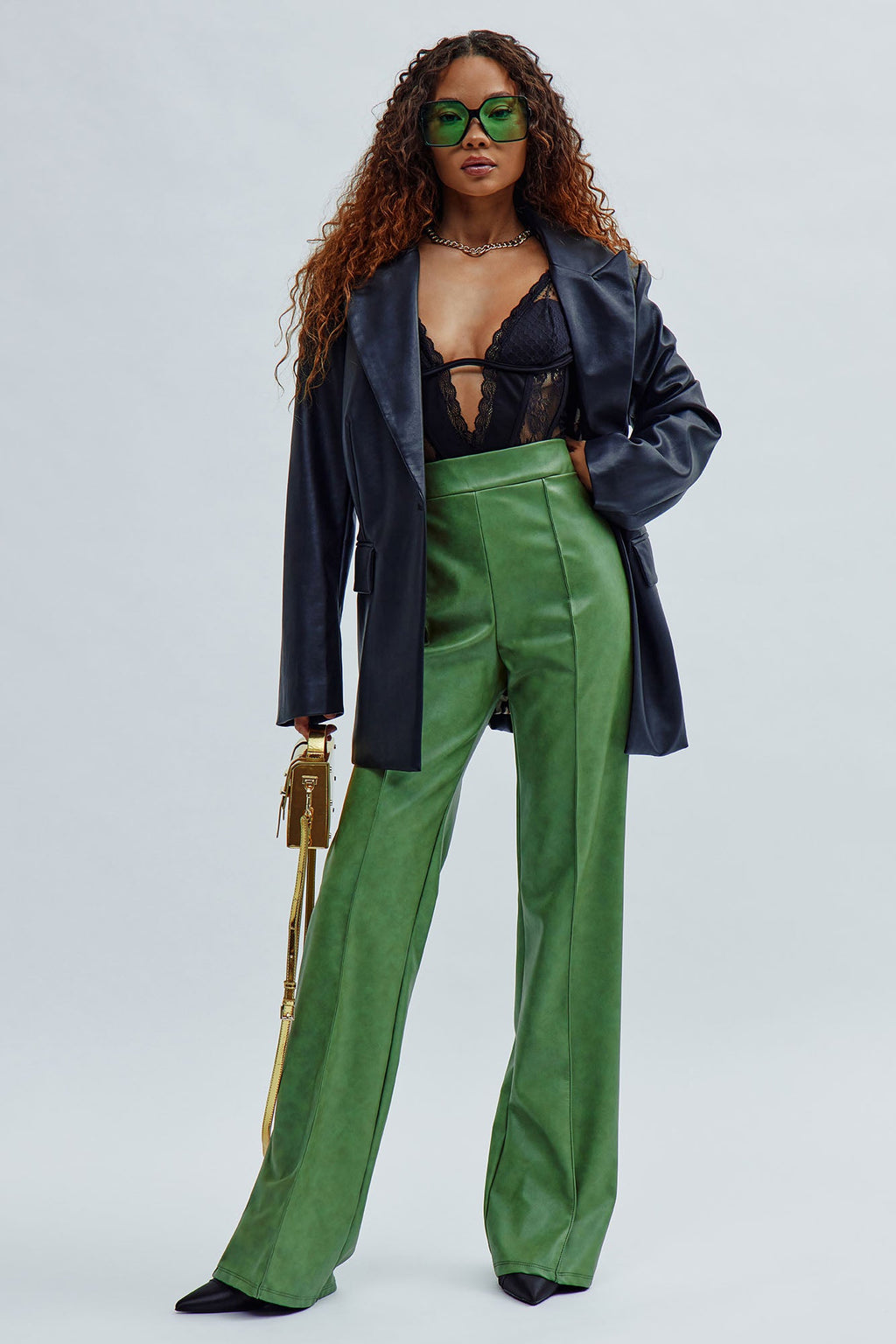 Victoria High Waisted Washed Faux Leather Dress Pants - Olive