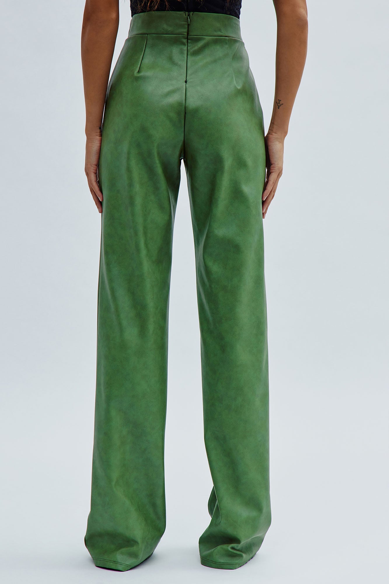 Victoria High Waisted Washed Faux Leather Dress Pants - Olive