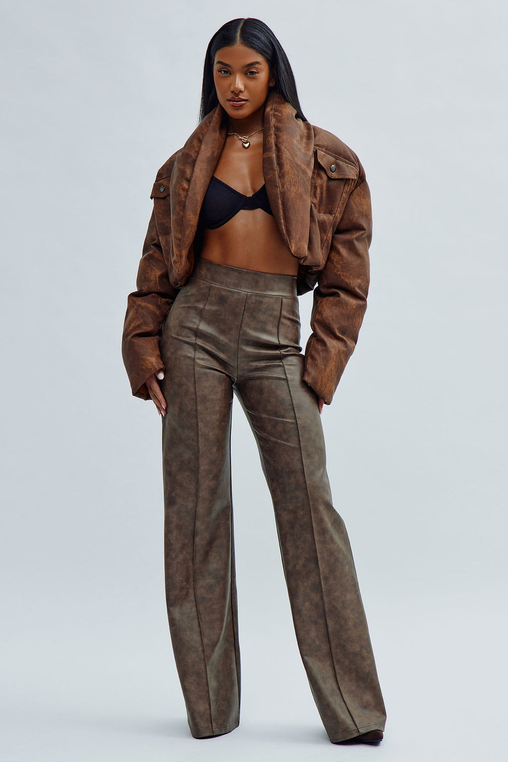 Victoria High Waisted Washed Faux Leather Dress Pants - Chocolate