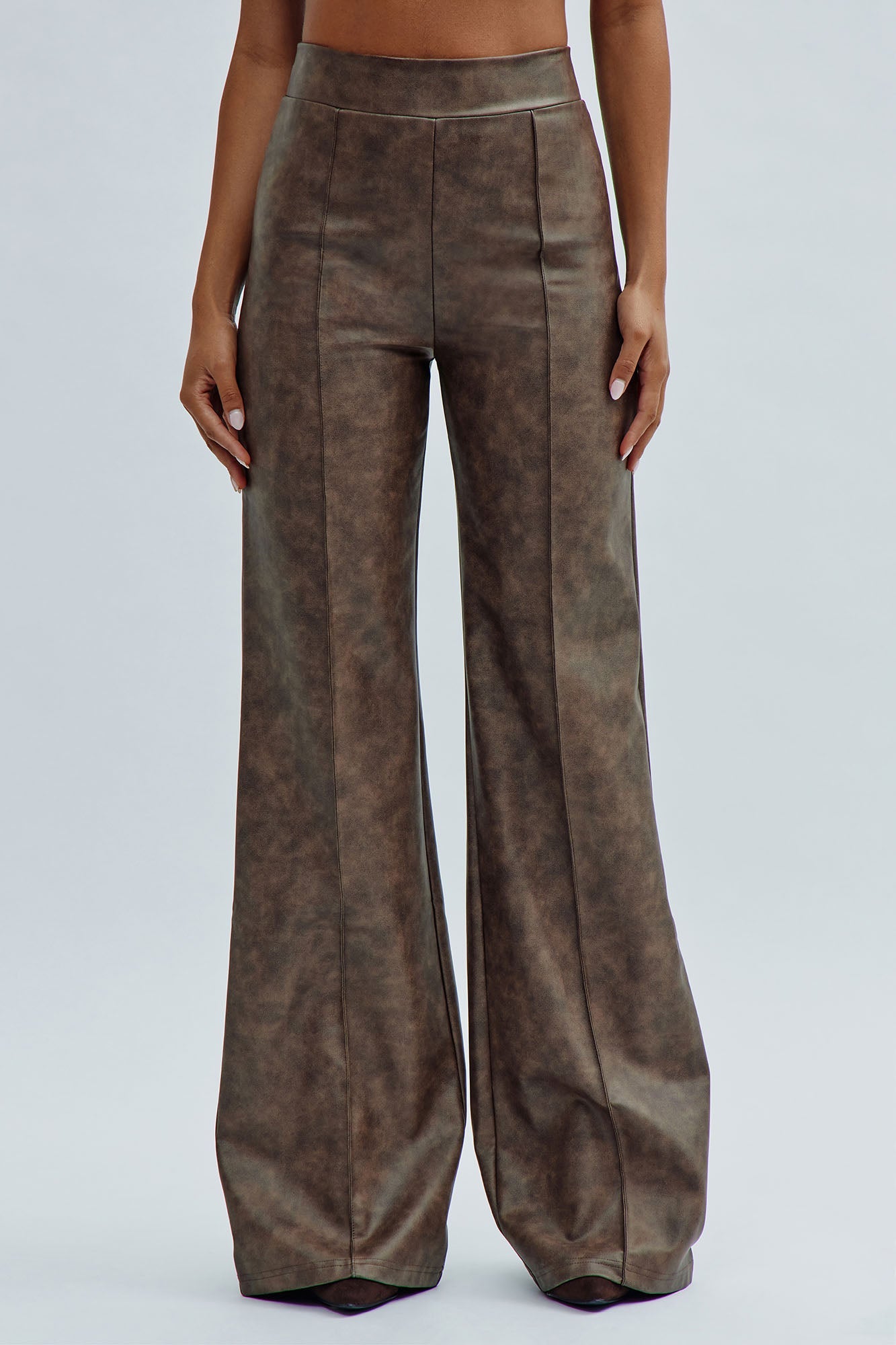 Victoria High Waisted Washed Faux Leather Dress Pants - Chocolate