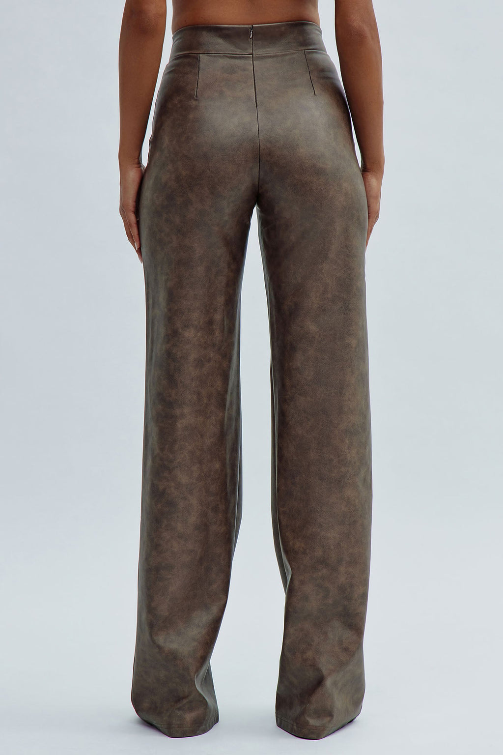 Victoria High Waisted Washed Faux Leather Dress Pants - Chocolate