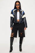 Sasha Faux Leather Moto Jacket - Royal/combo