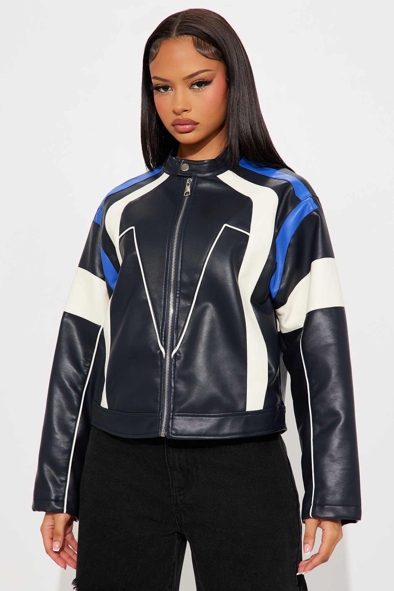 Sasha Faux Leather Moto Jacket - Royal/combo
