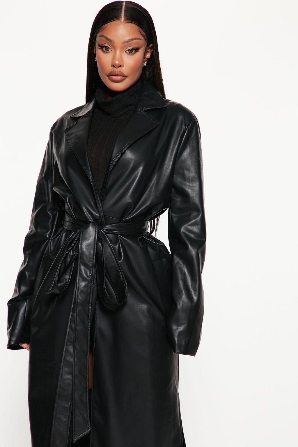 Into The Night Faux Leather Trench Coat - Black