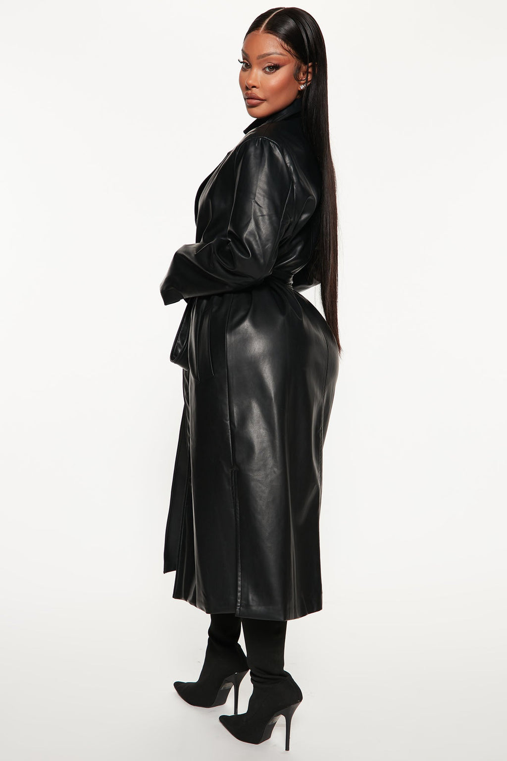 Into The Night Faux Leather Trench Coat - Black