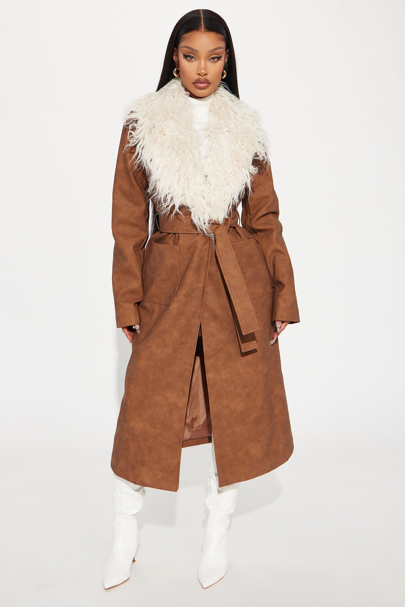 Kamaria Washed Faux Leather Trench - Cognac