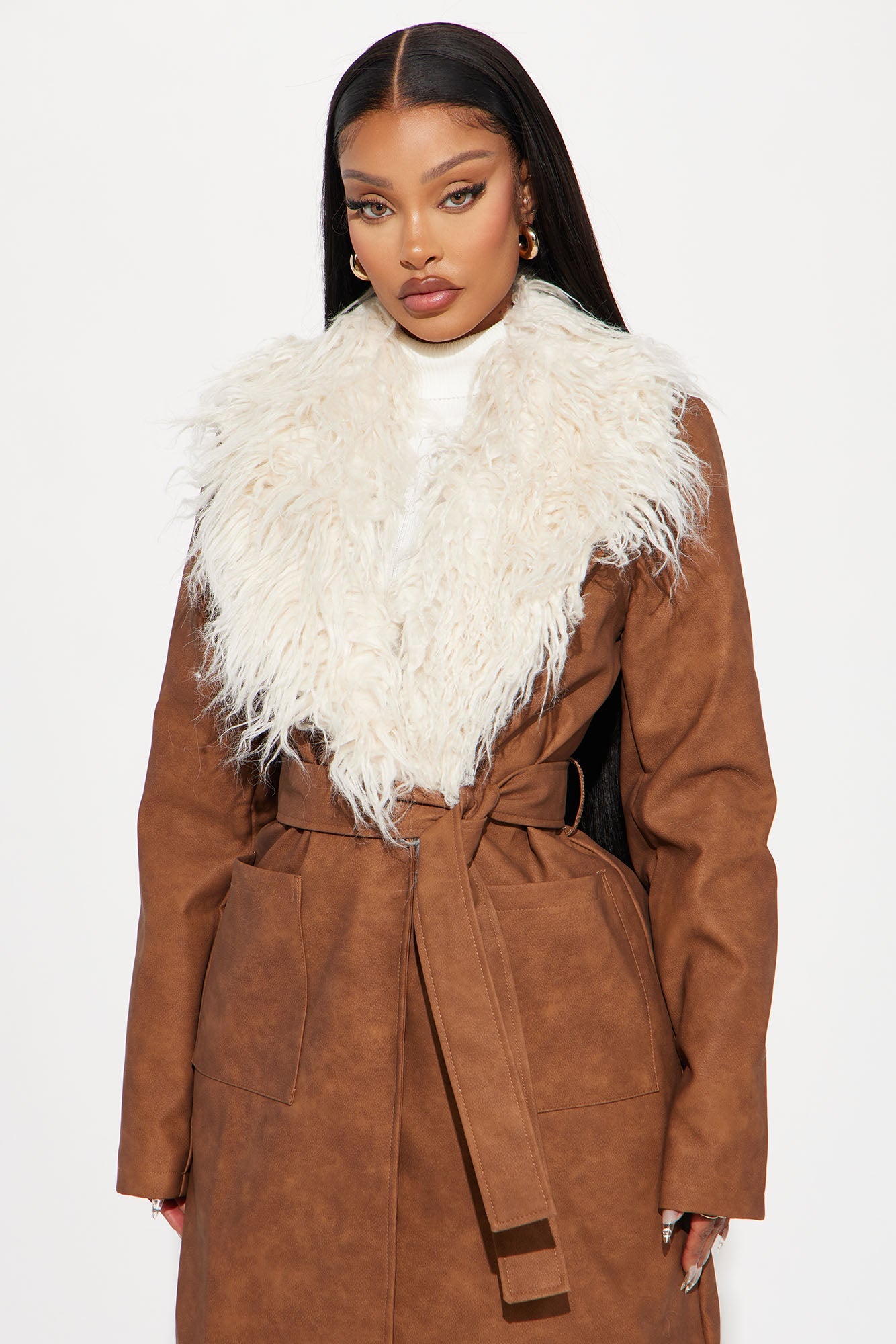Kamaria Washed Faux Leather Trench - Cognac