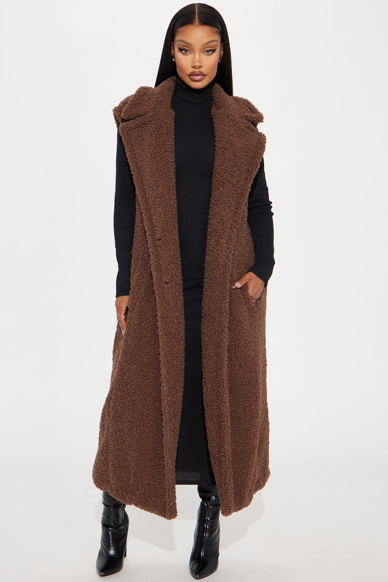 Like A Teddy Sherpa Long Vest - Chocolate