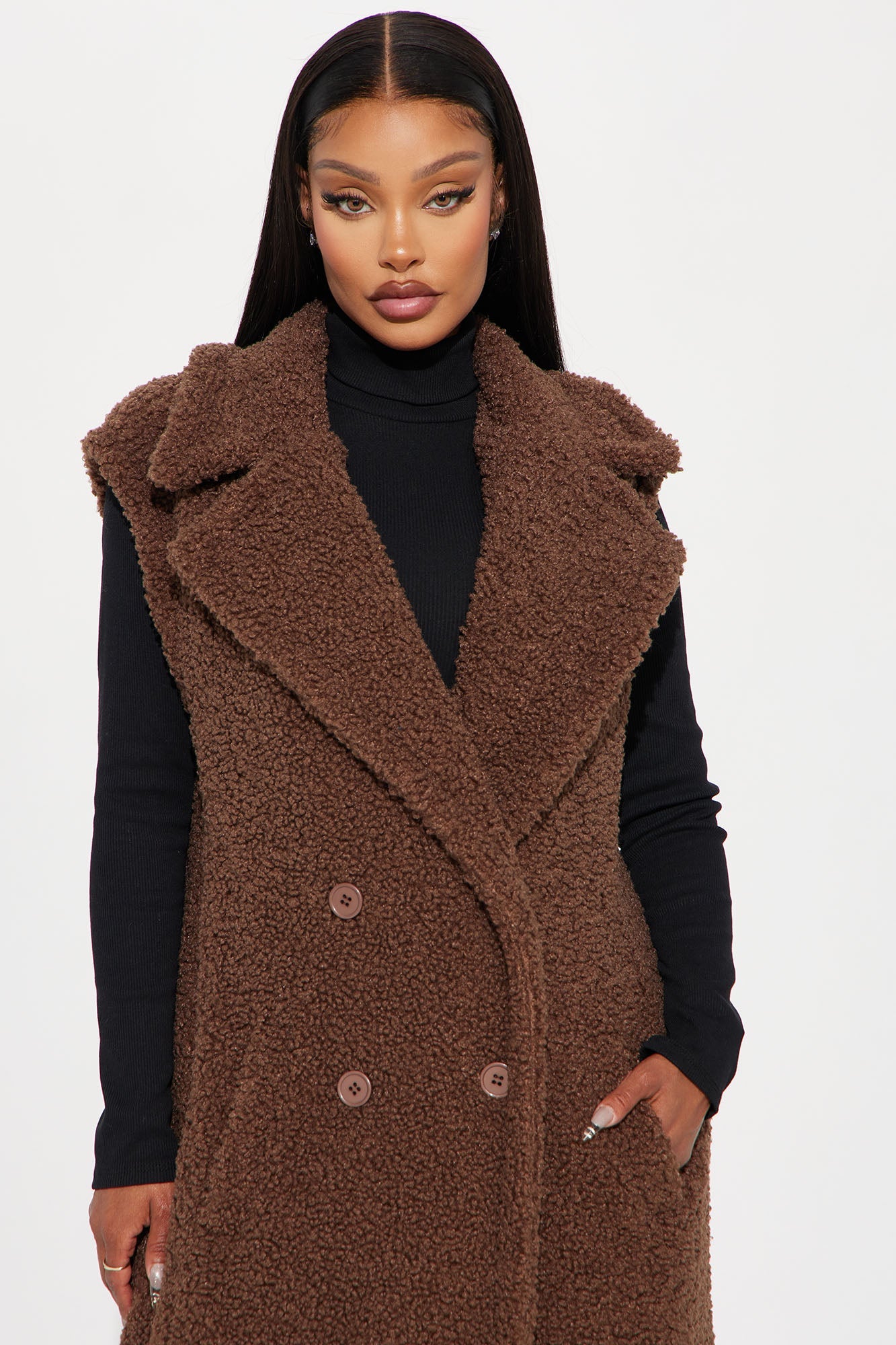 Like A Teddy Sherpa Long Vest - Chocolate