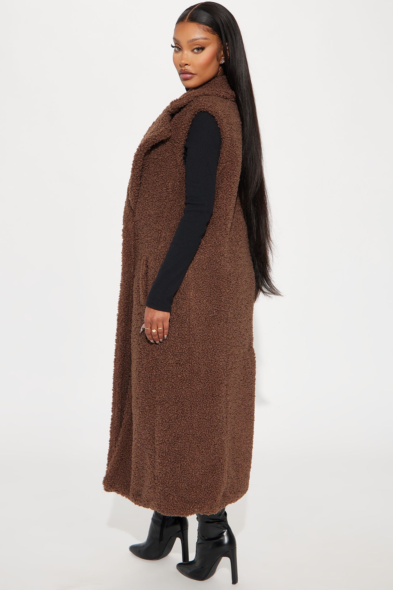 Like A Teddy Sherpa Long Vest - Chocolate
