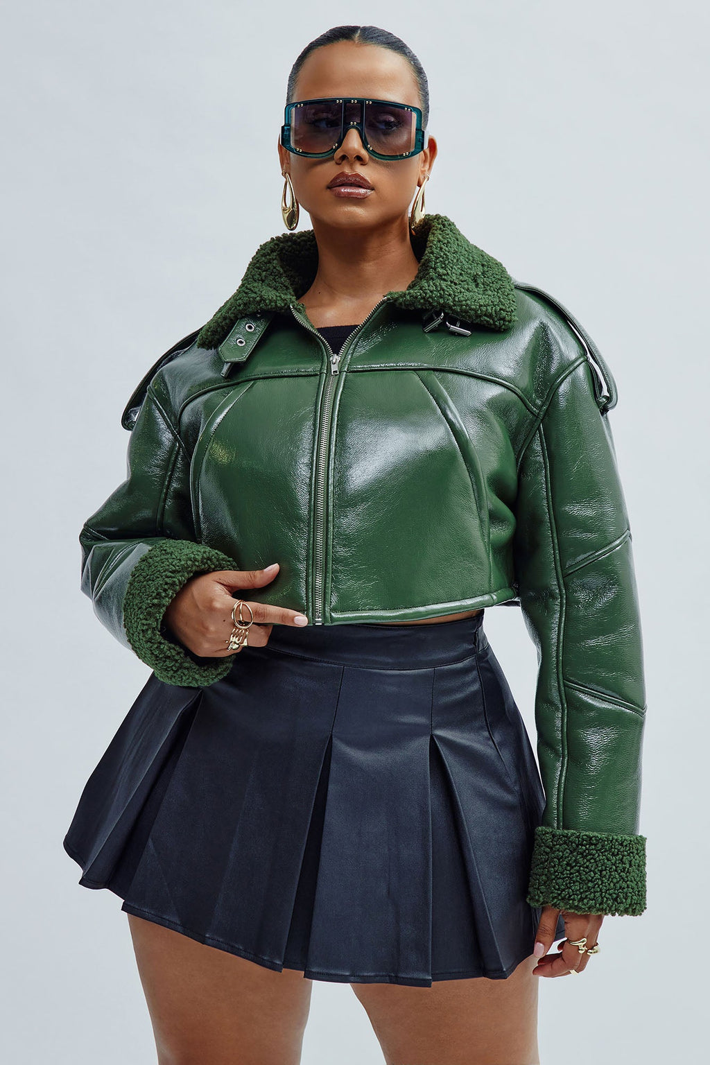 Bad Influence Faux Leather Cropped Jacket - Olive