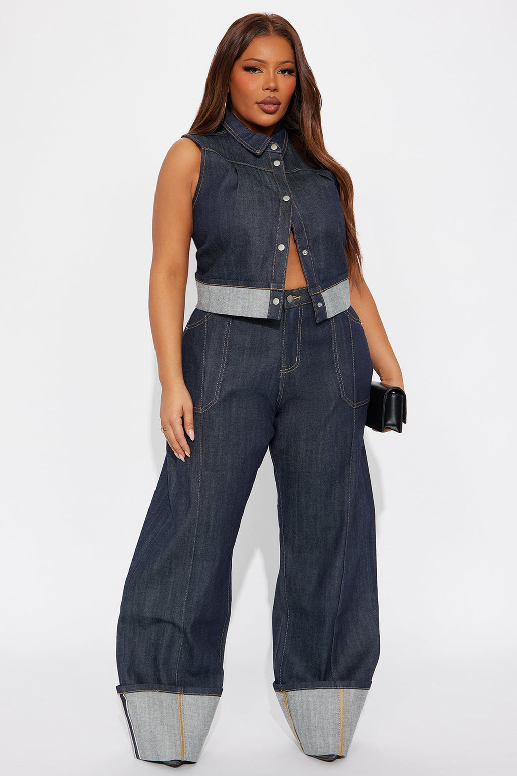 Premium Selvedge Cuffed Utility Wide Leg Jeans - Dark Denim