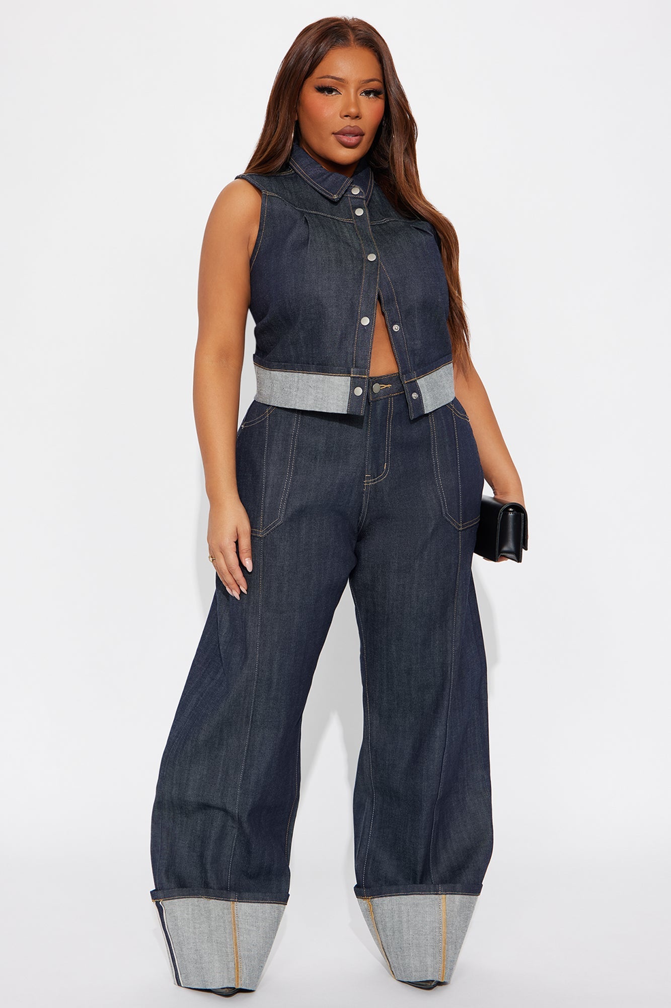 Premium Selvedge Cuffed Utility Wide Leg Jeans - Dark Denim