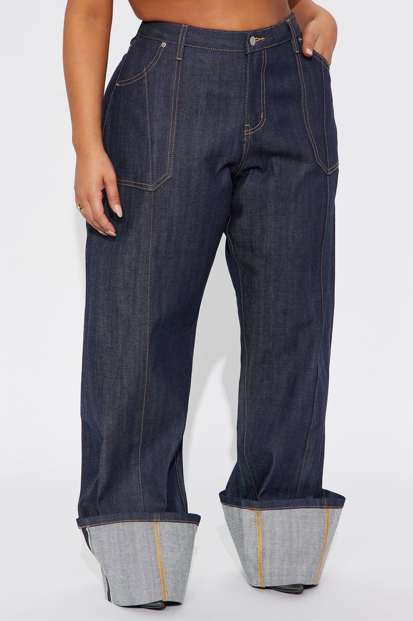 Premium Selvedge Cuffed Utility Wide Leg Jeans - Dark Denim