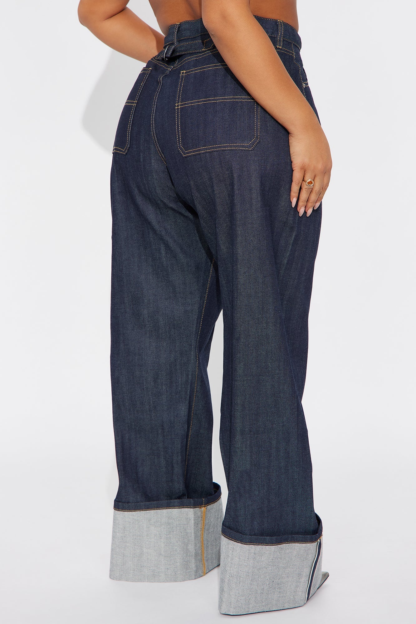 Premium Selvedge Cuffed Utility Wide Leg Jeans - Dark Denim