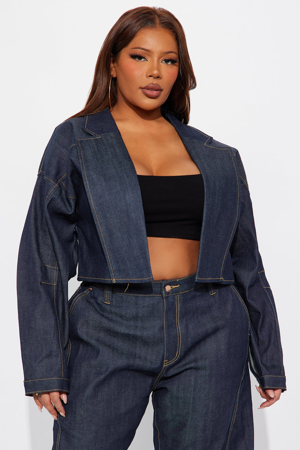 Premium Selvedge Cropped Denim Blazer - Dark Denim