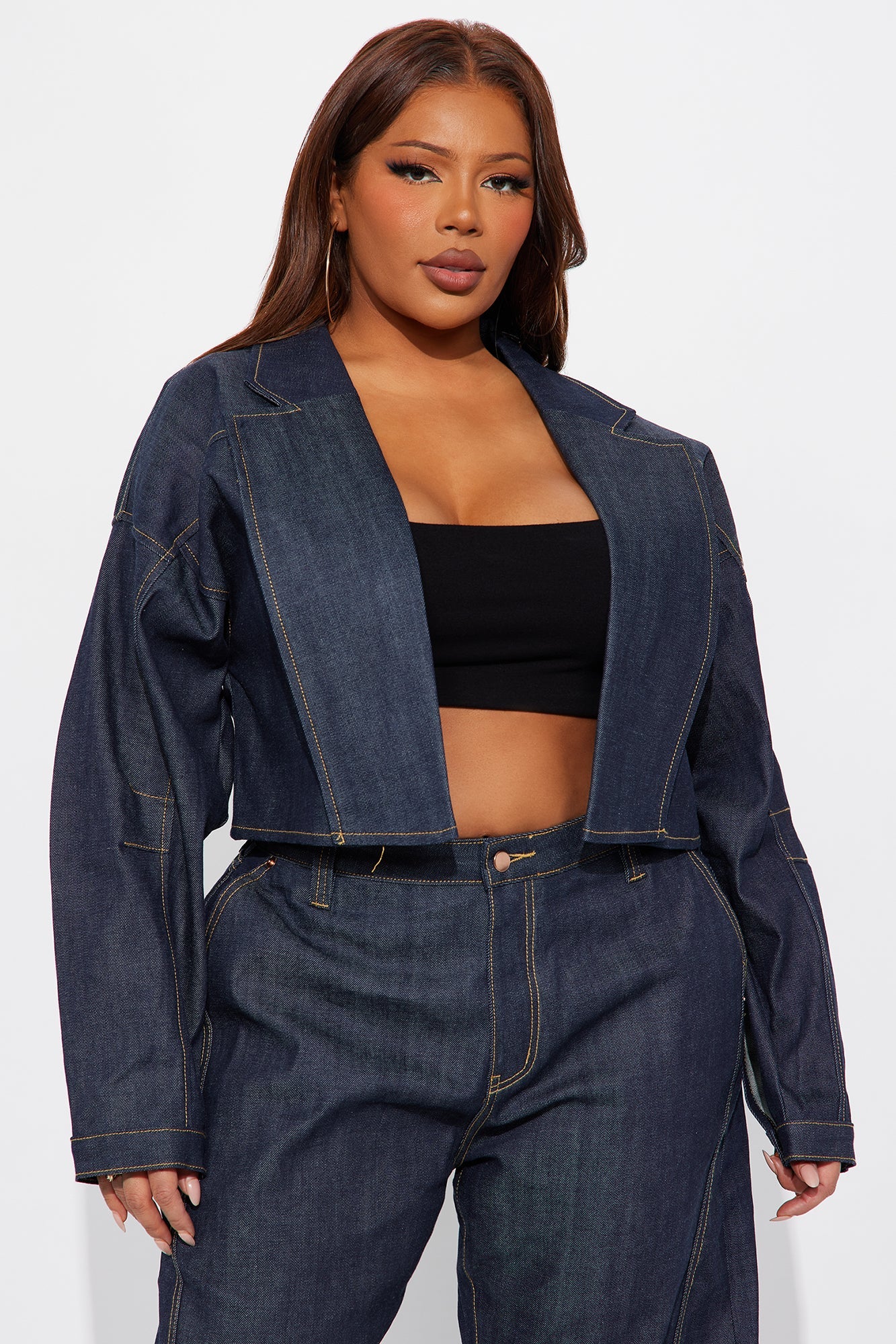 Premium Selvedge Cropped Denim Blazer - Dark Denim