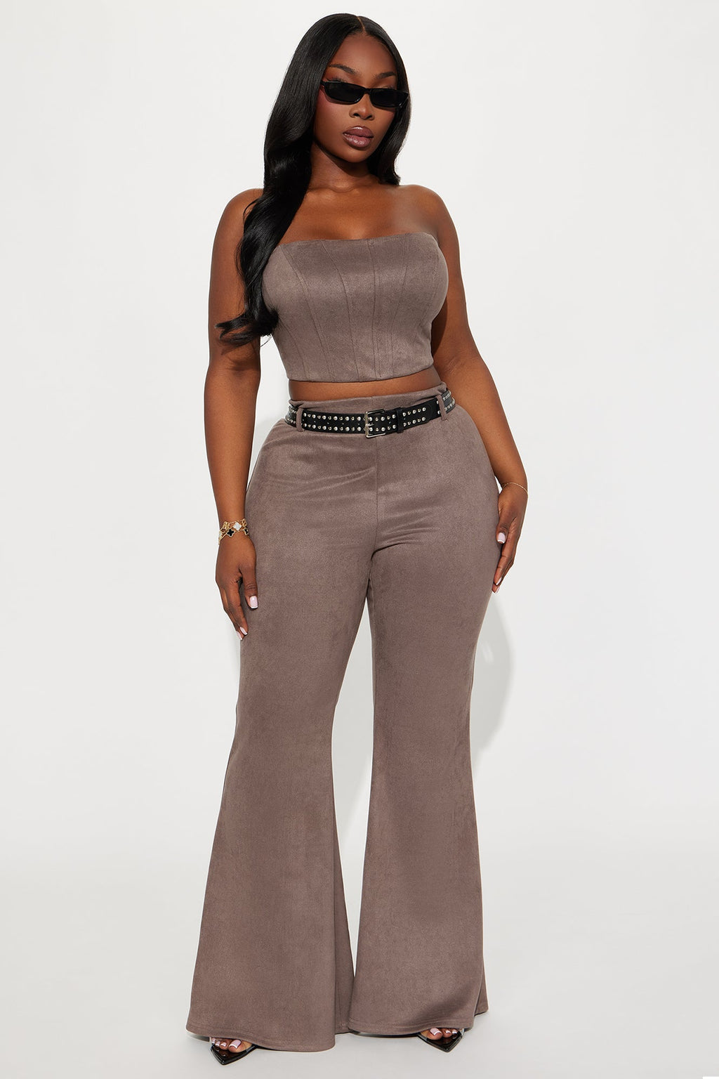 Aliyah Faux Suede 3 Peice Pant Set - Charcoal