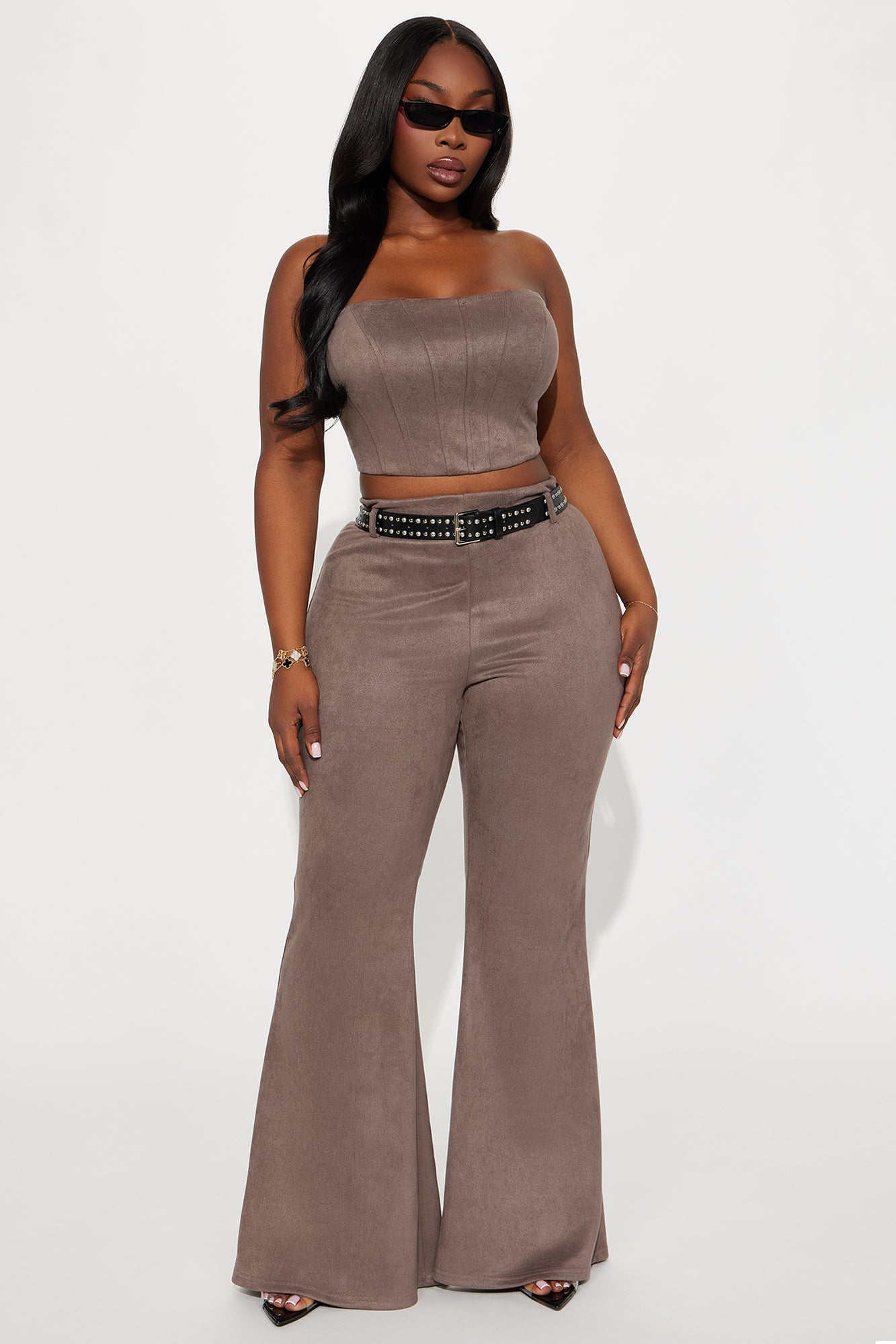 Aliyah Faux Suede 3 Peice Pant Set - Charcoal