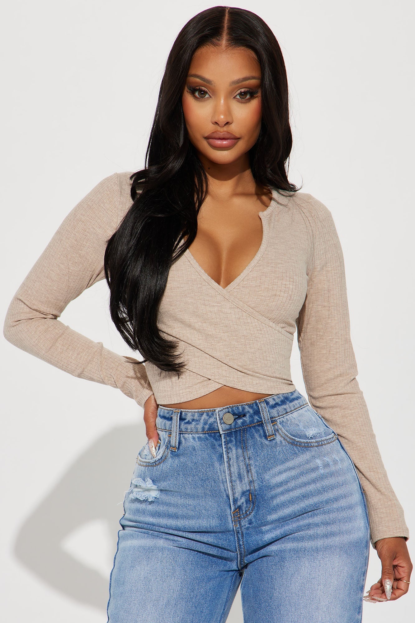 Katrina Long Sleeve Crop Top - Taupe