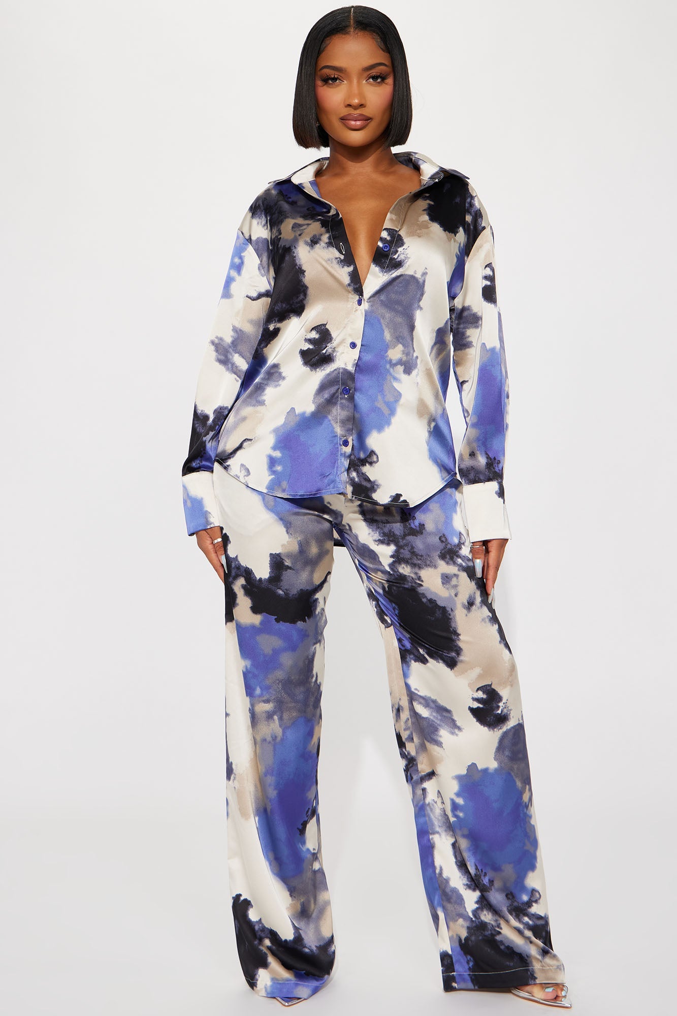 Christina Satin Pant Set - Blue/combo