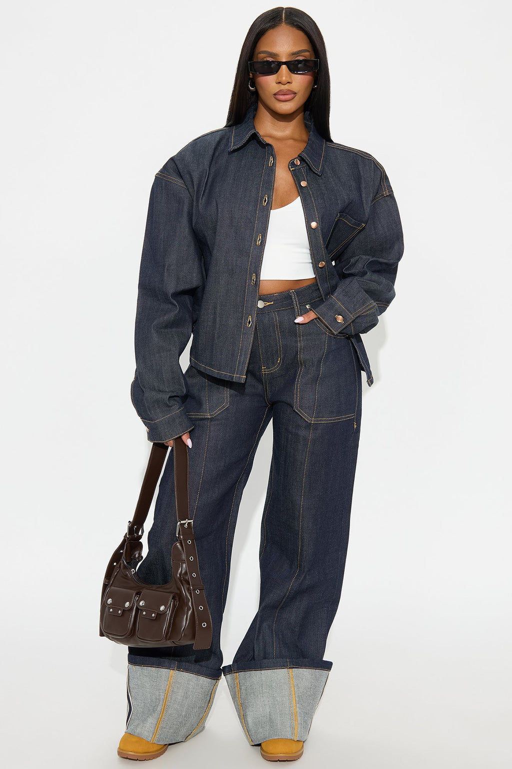 Premium Selvedge Cuffed Utility Wide Leg Jeans - Dark Denim