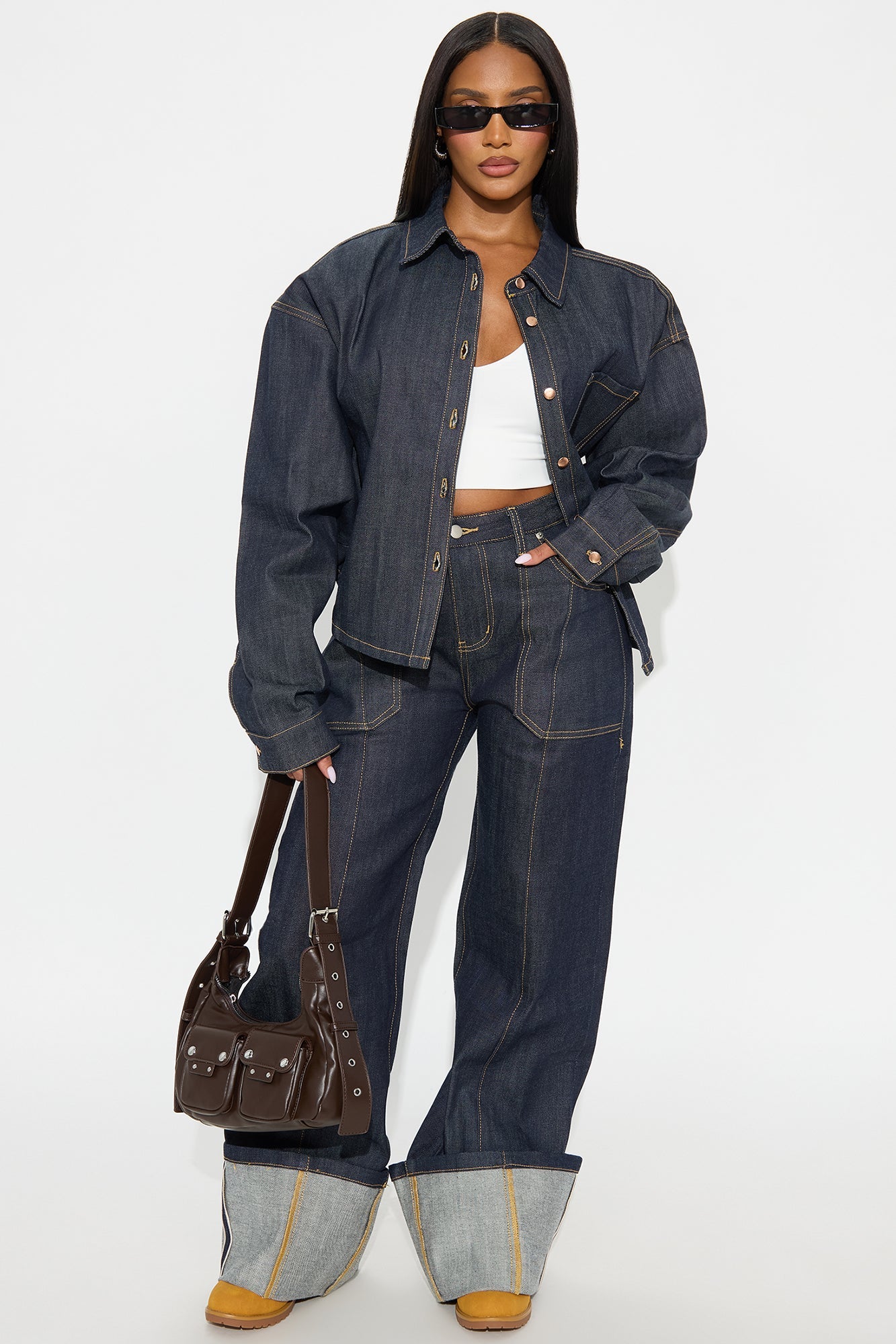 Premium Selvedge Cuffed Utility Wide Leg Jeans - Dark Denim