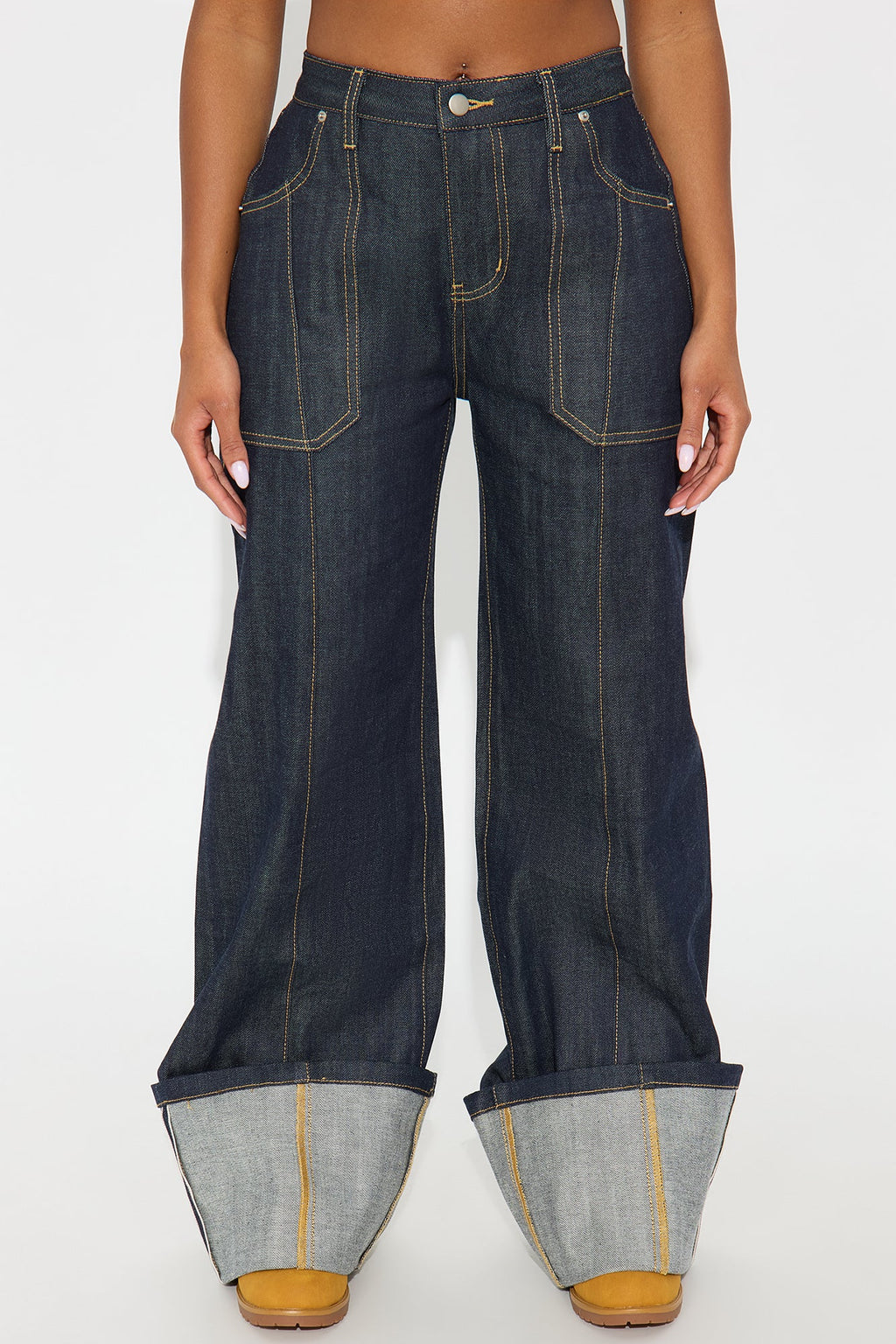 Premium Selvedge Cuffed Utility Wide Leg Jeans - Dark Denim