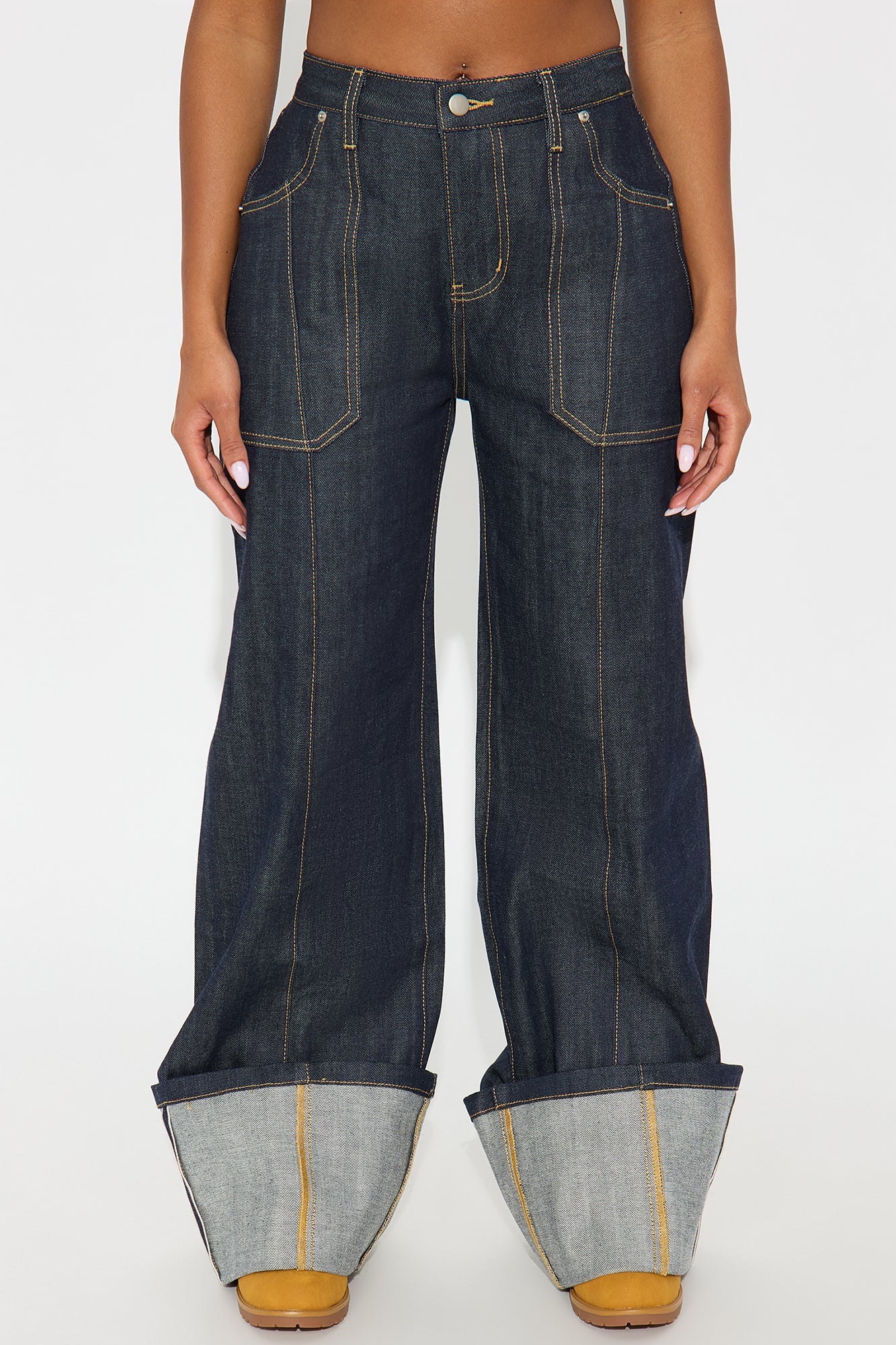 Premium Selvedge Cuffed Utility Wide Leg Jeans - Dark Denim