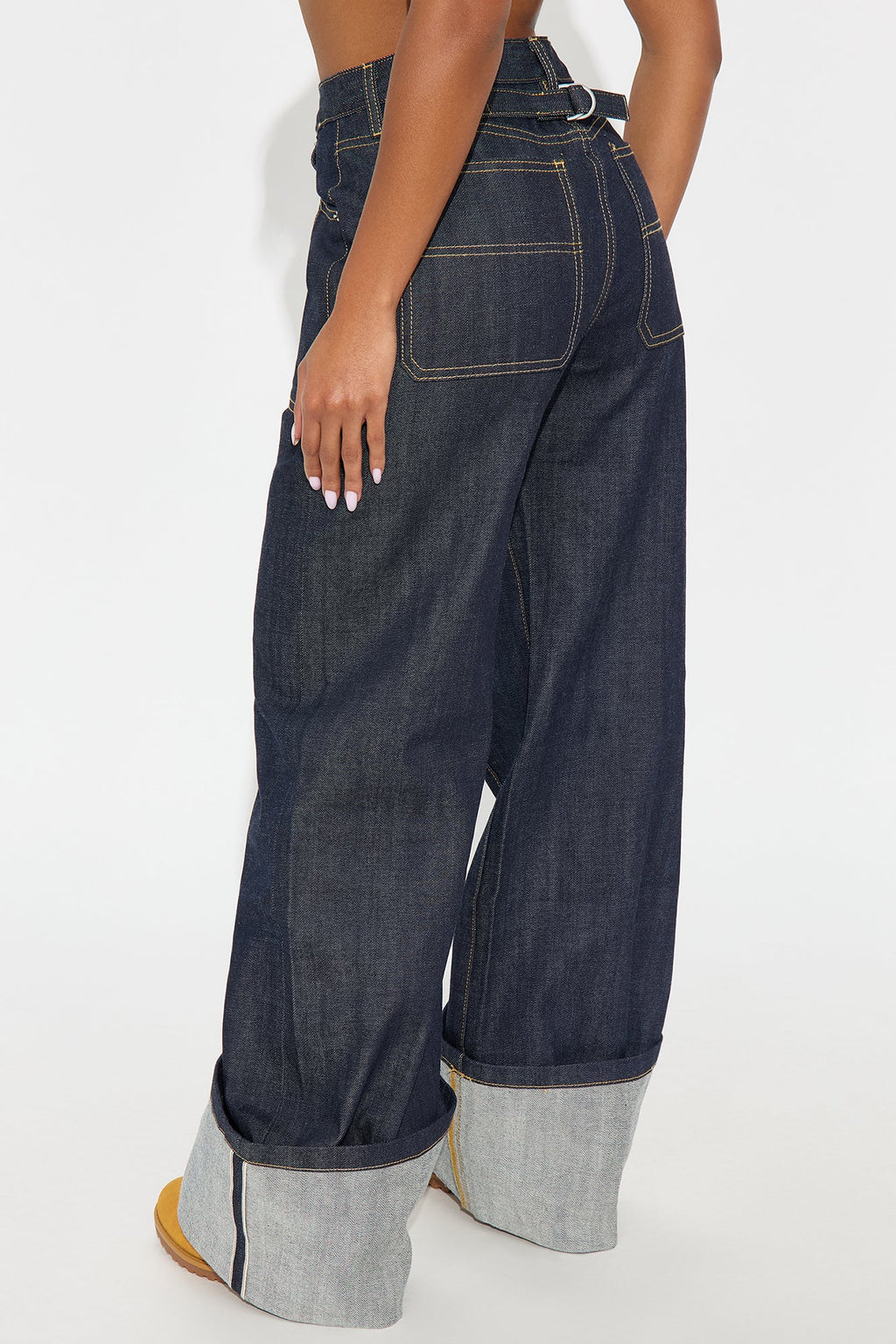 Premium Selvedge Cuffed Utility Wide Leg Jeans - Dark Denim