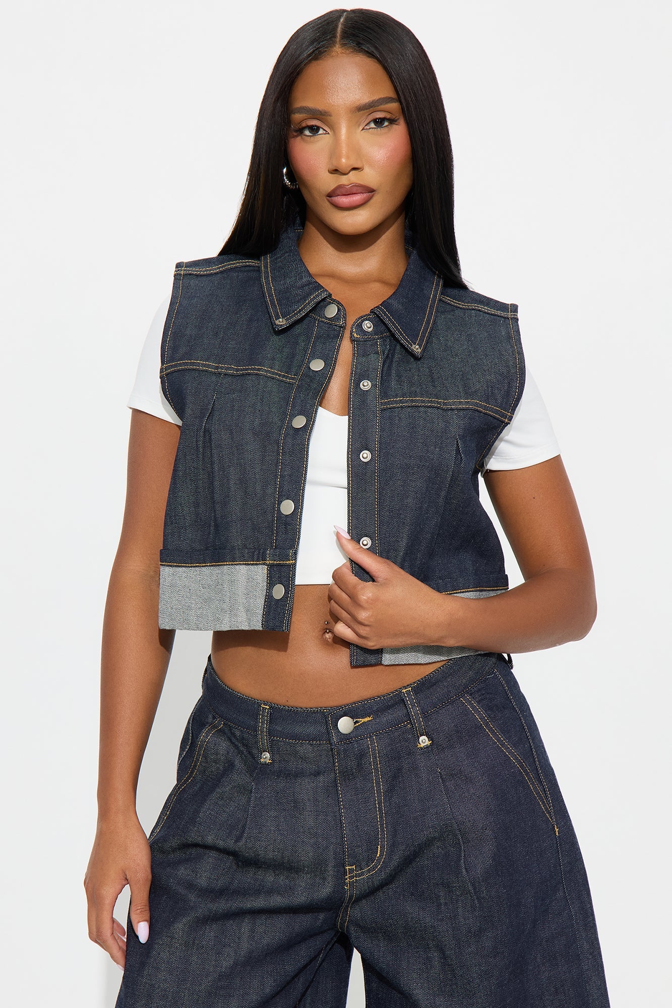 Premium Selvedge Cuffed Denim Vest - Dark Denim