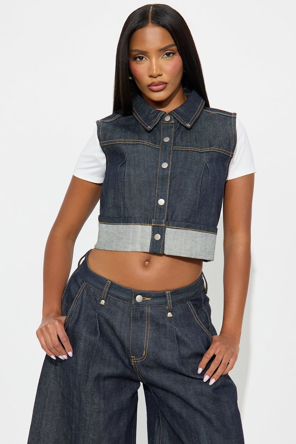 Premium Selvedge Cuffed Denim Vest - Dark Denim