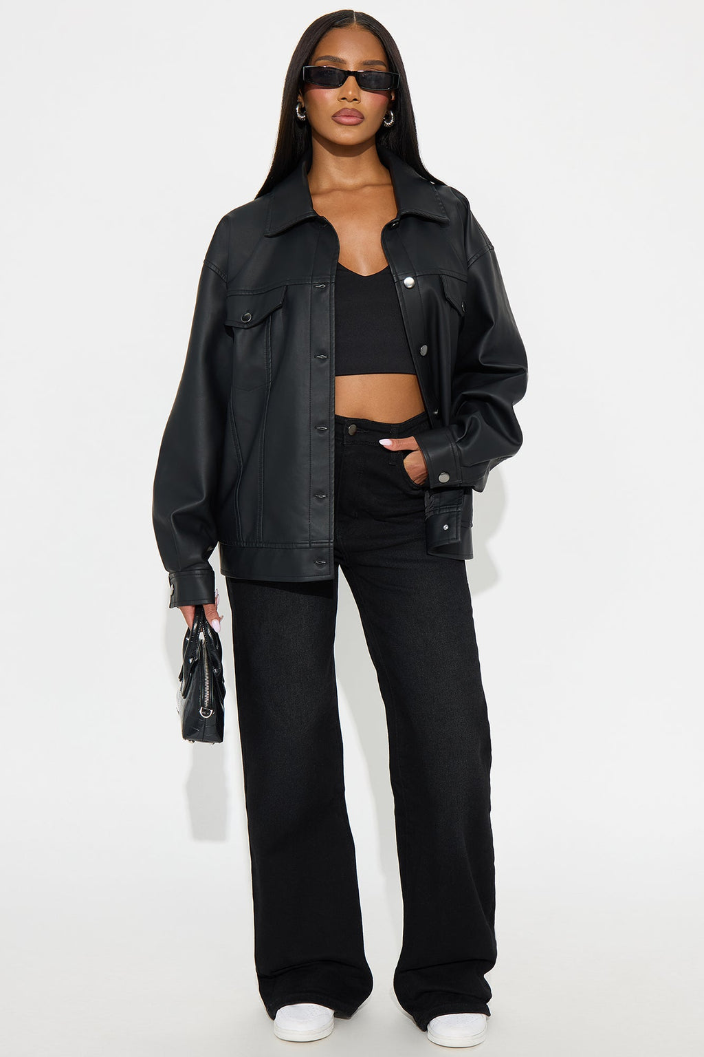 Mila Oversized Faux Leather Jacket - Black