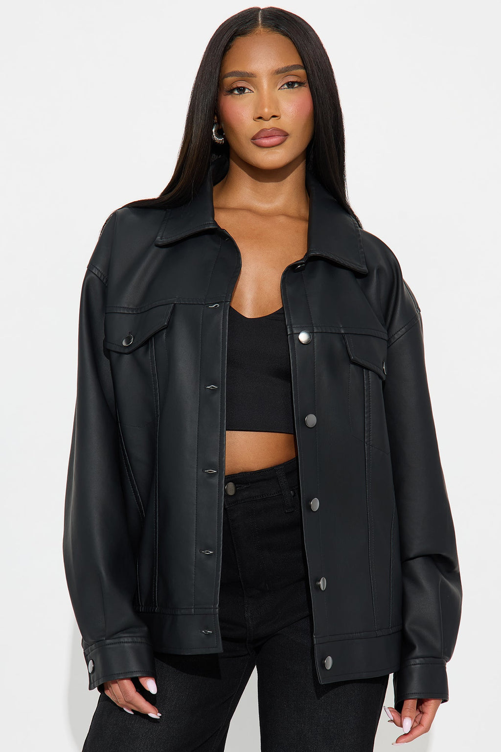 Mila Oversized Faux Leather Jacket - Black