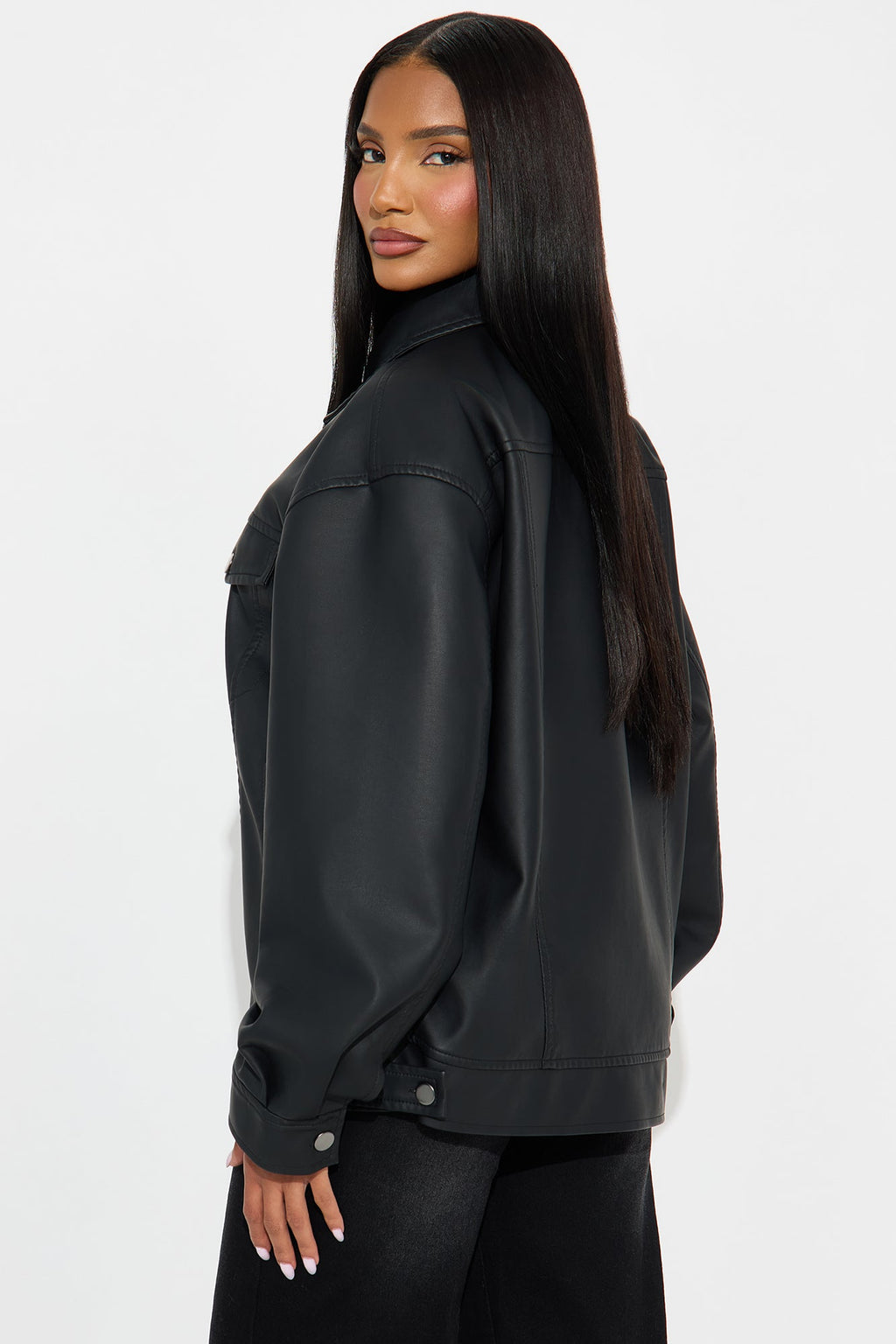Mila Oversized Faux Leather Jacket - Black