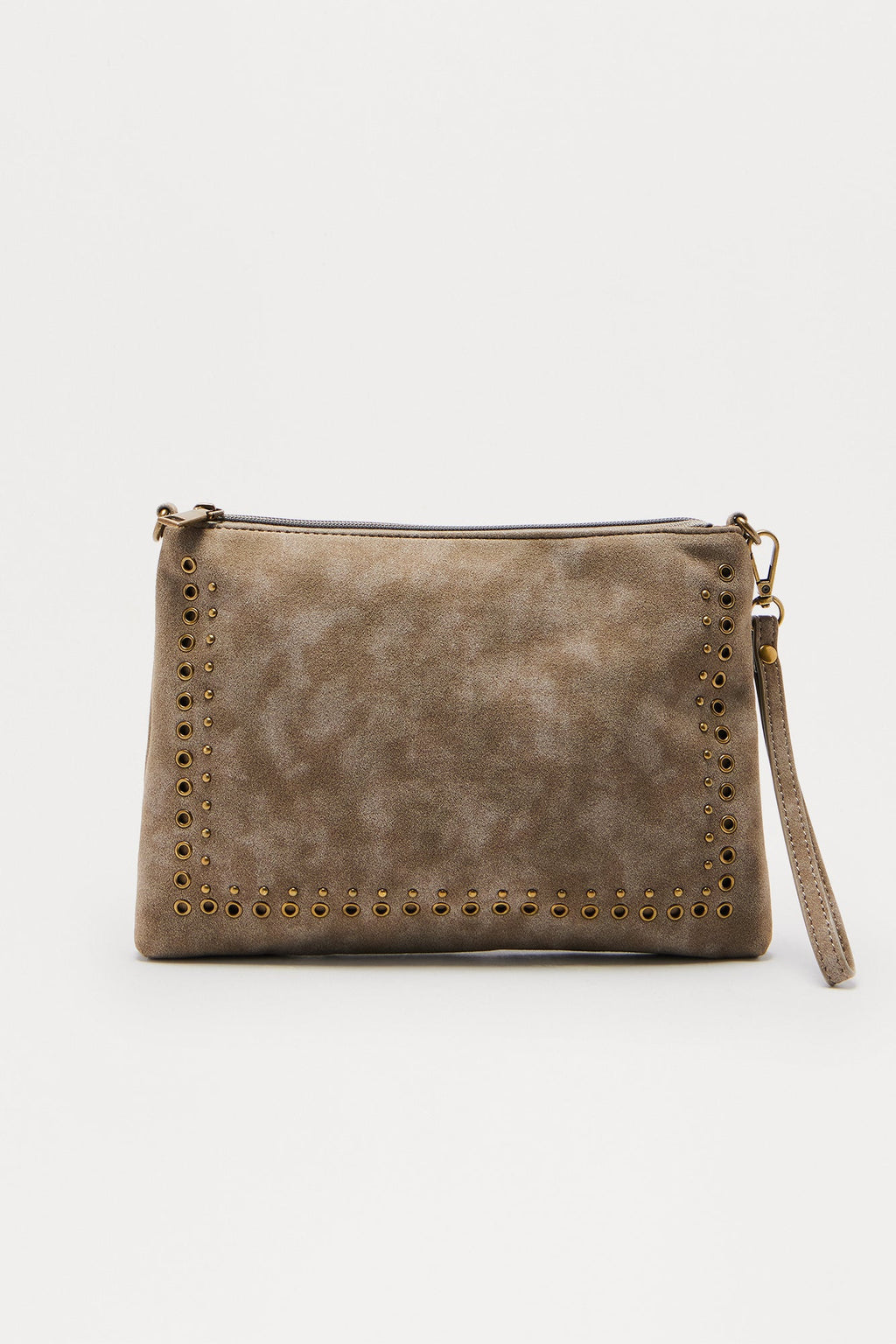 One For Me Distressed Faux Leather Studded Clutch - Taupe