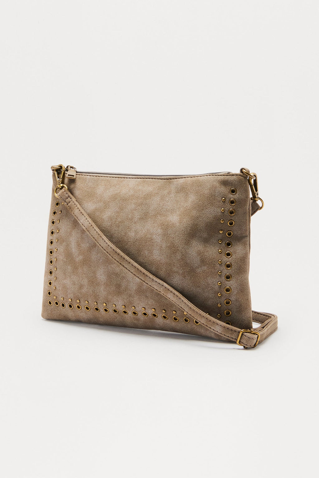One For Me Distressed Faux Leather Studded Clutch - Taupe