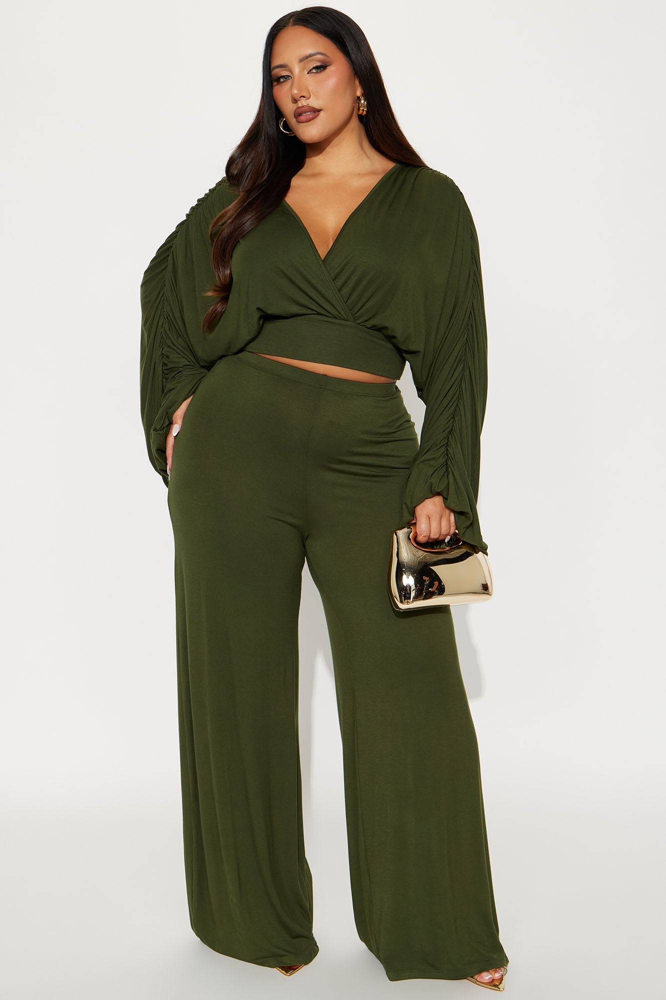 Ariana Ruched Sleeve Pant Set - Olive