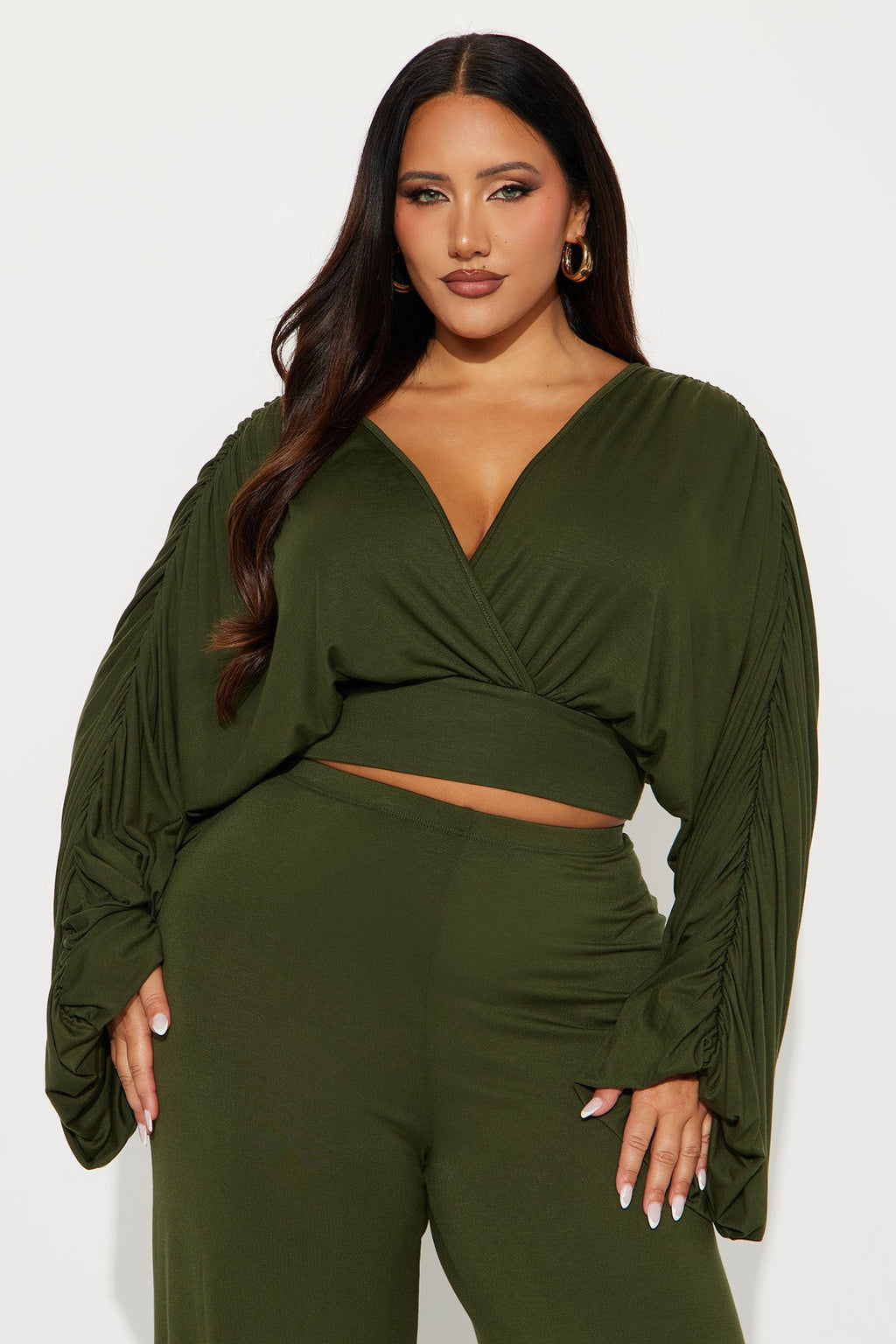 Ariana Ruched Sleeve Pant Set - Olive