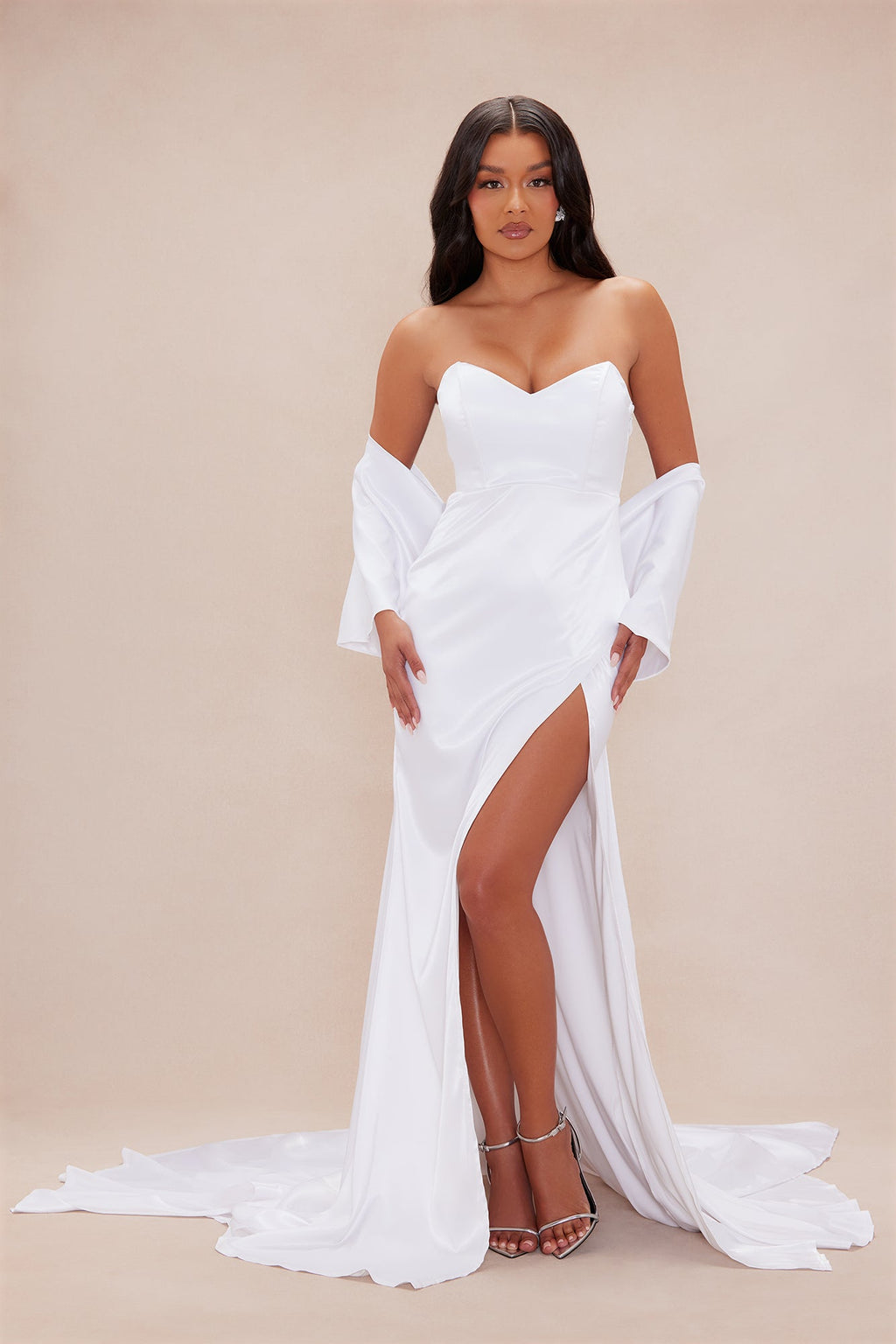 The Main Attraction Satin Gown Set - White