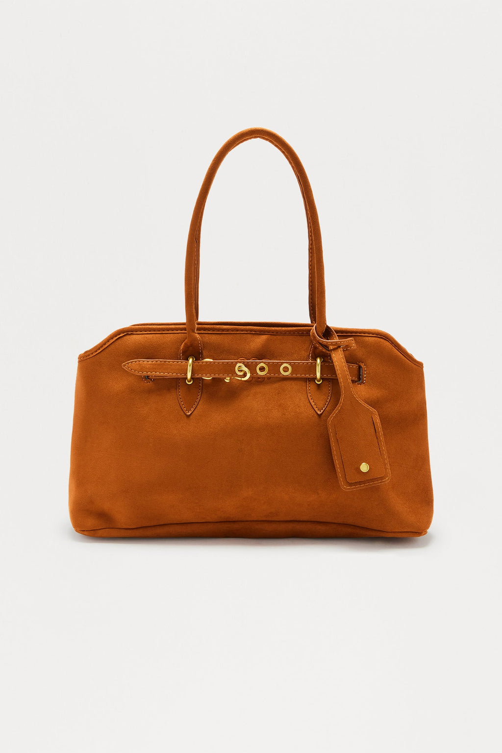 Sundance Suede Buckle Detail Shoulder Handbag - Cognac