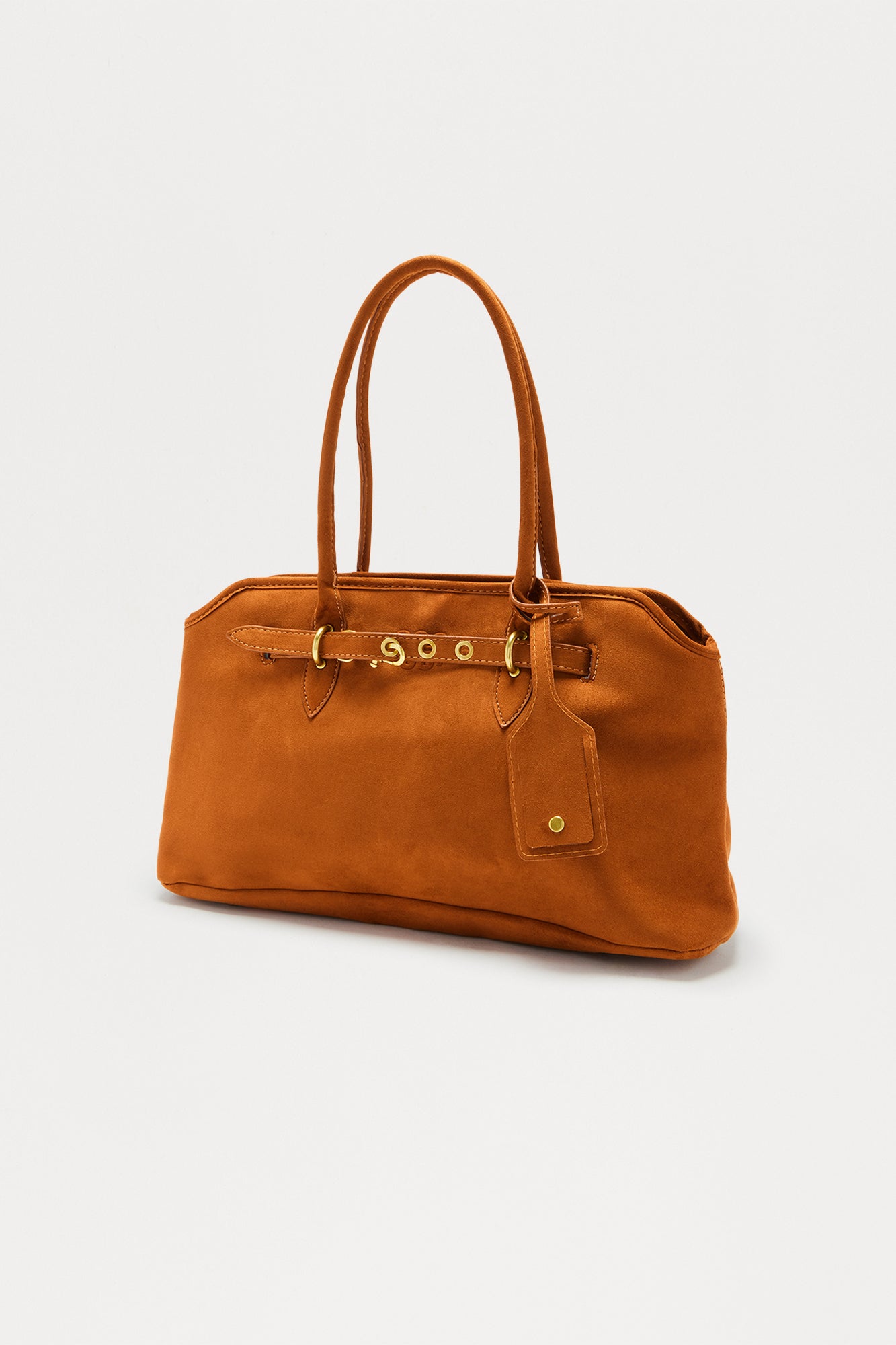 Sundance Suede Buckle Detail Shoulder Handbag - Cognac