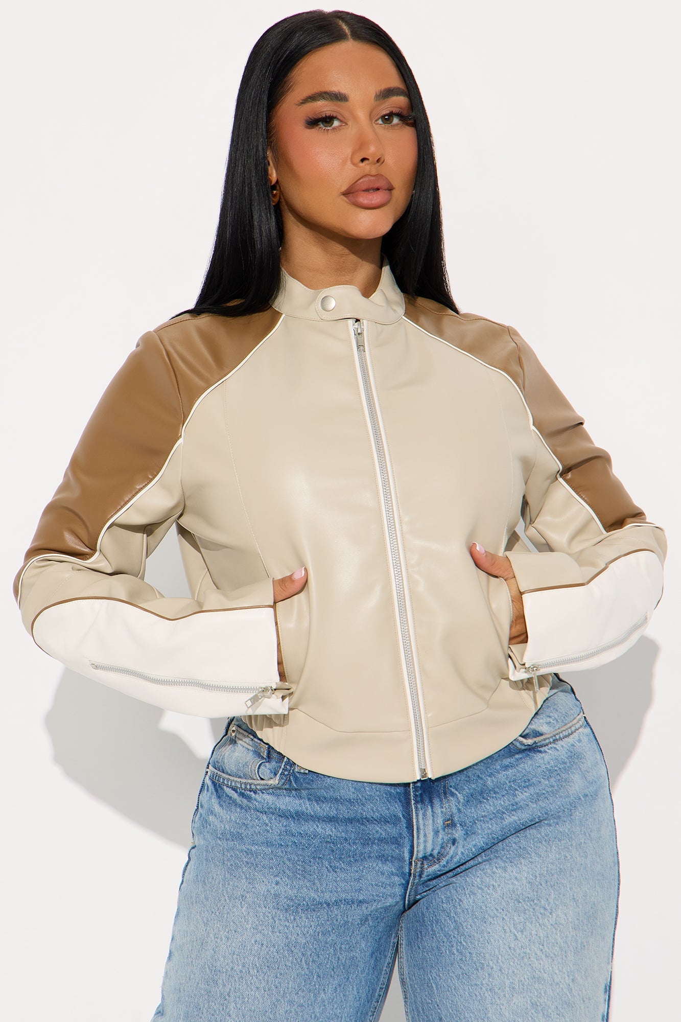 Fallon Faux Leather Moto Jacket - Brown/combo