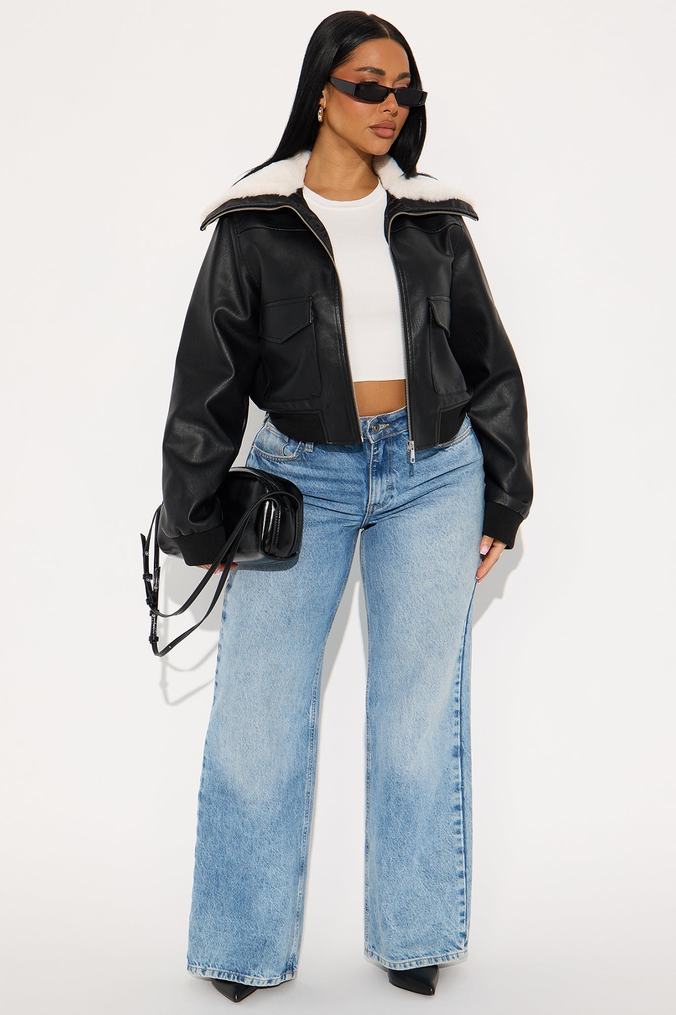 Cozy Season Faux Leather Bomber Jacket - Black/combo