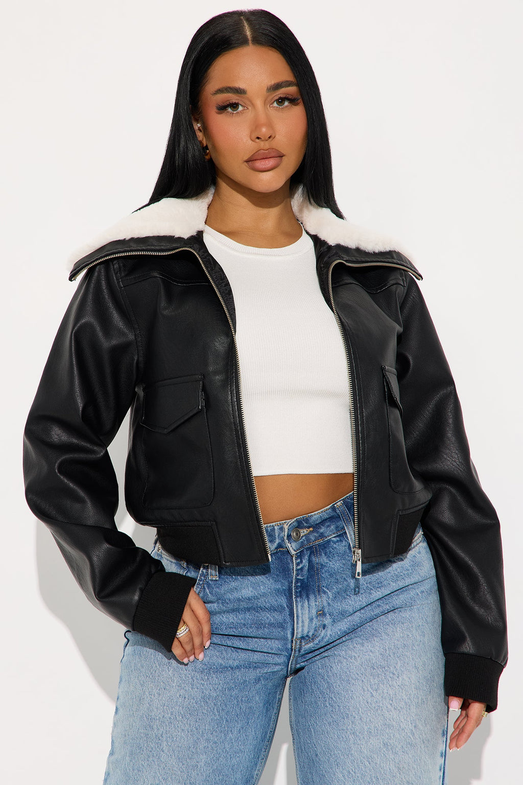 Cozy Season Faux Leather Bomber Jacket - Black/combo