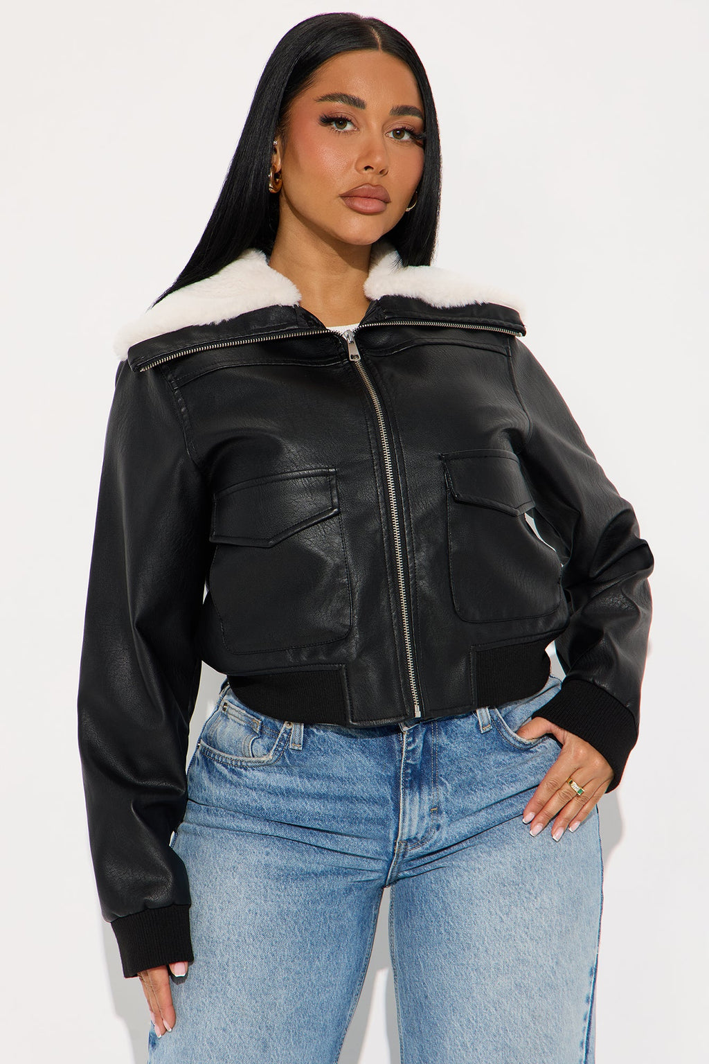 Cozy Season Faux Leather Bomber Jacket - Black/combo