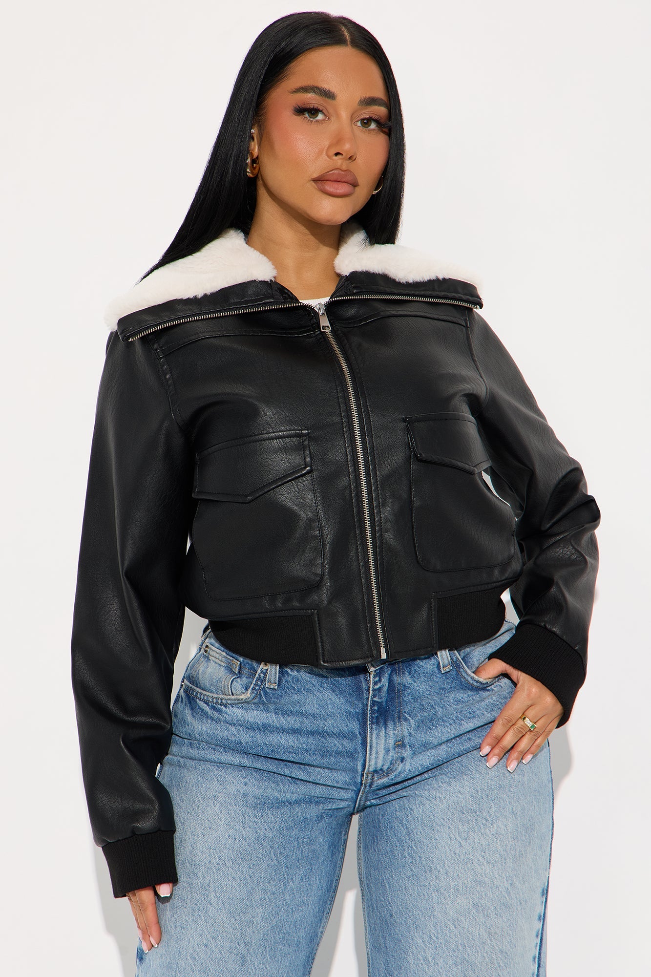 Cozy Season Faux Leather Bomber Jacket - Black/combo