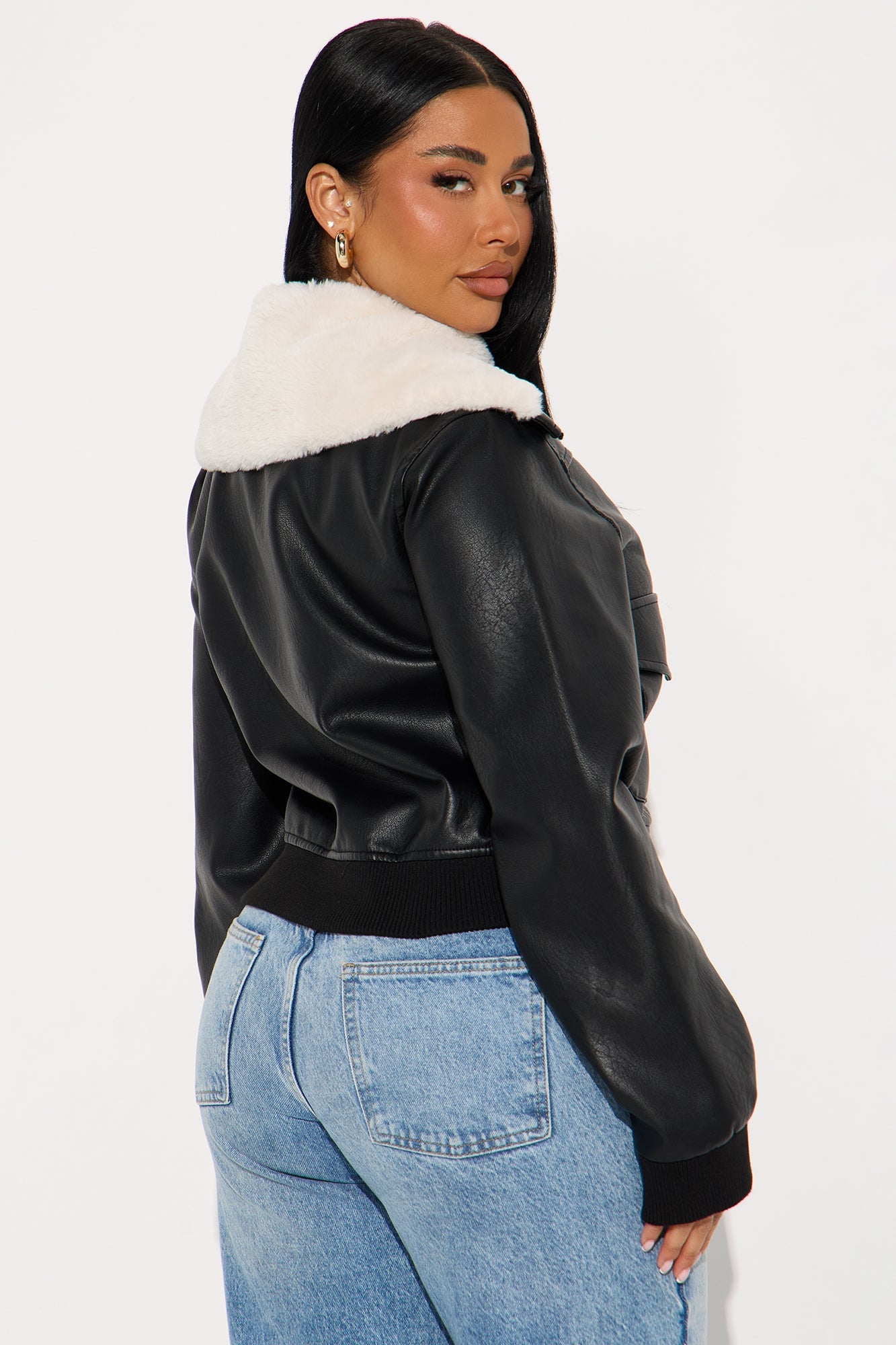 Cozy Season Faux Leather Bomber Jacket - Black/combo