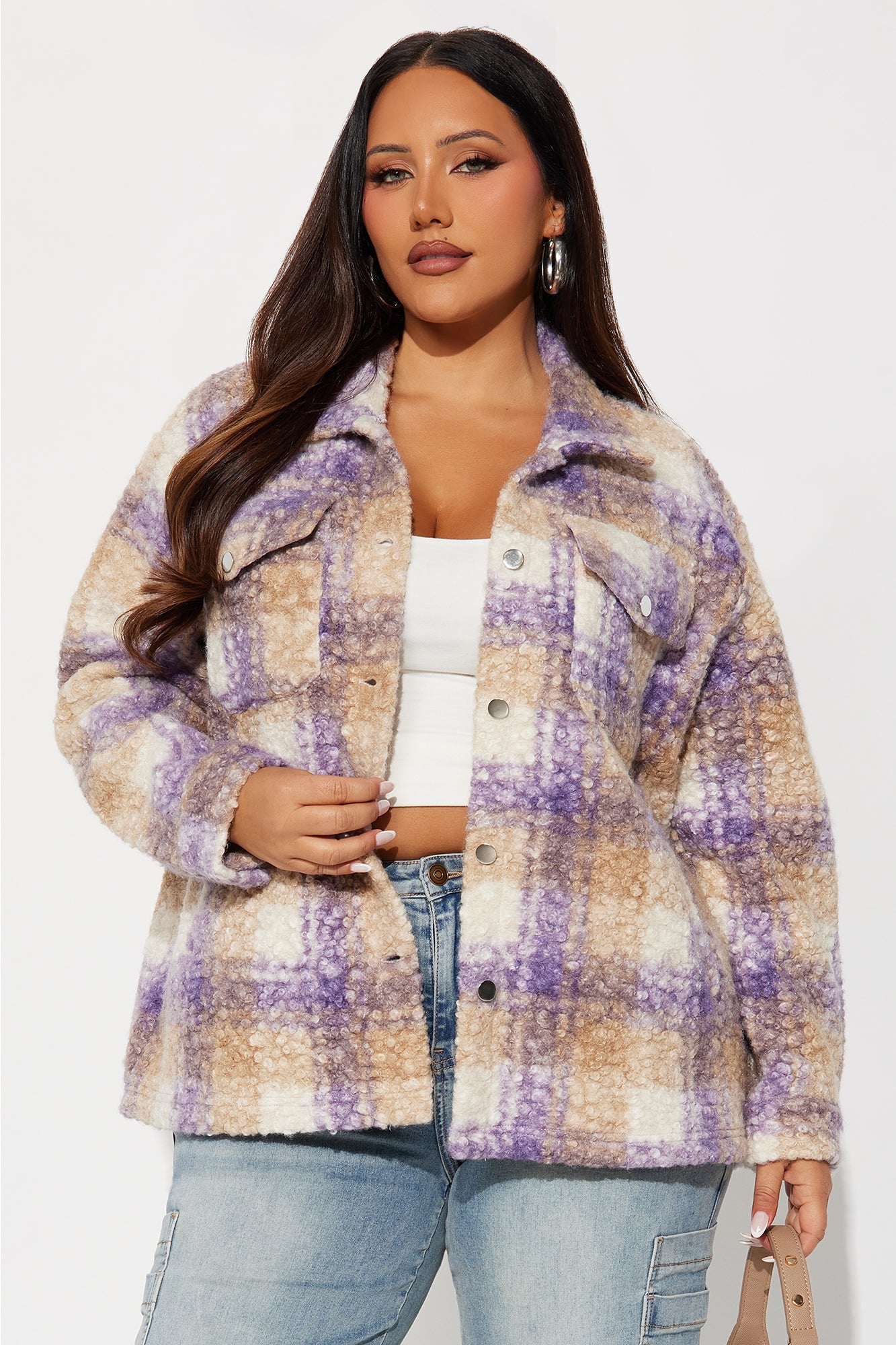 Campfire Nights Sherpa Plaid Shacket - Lavender/combo